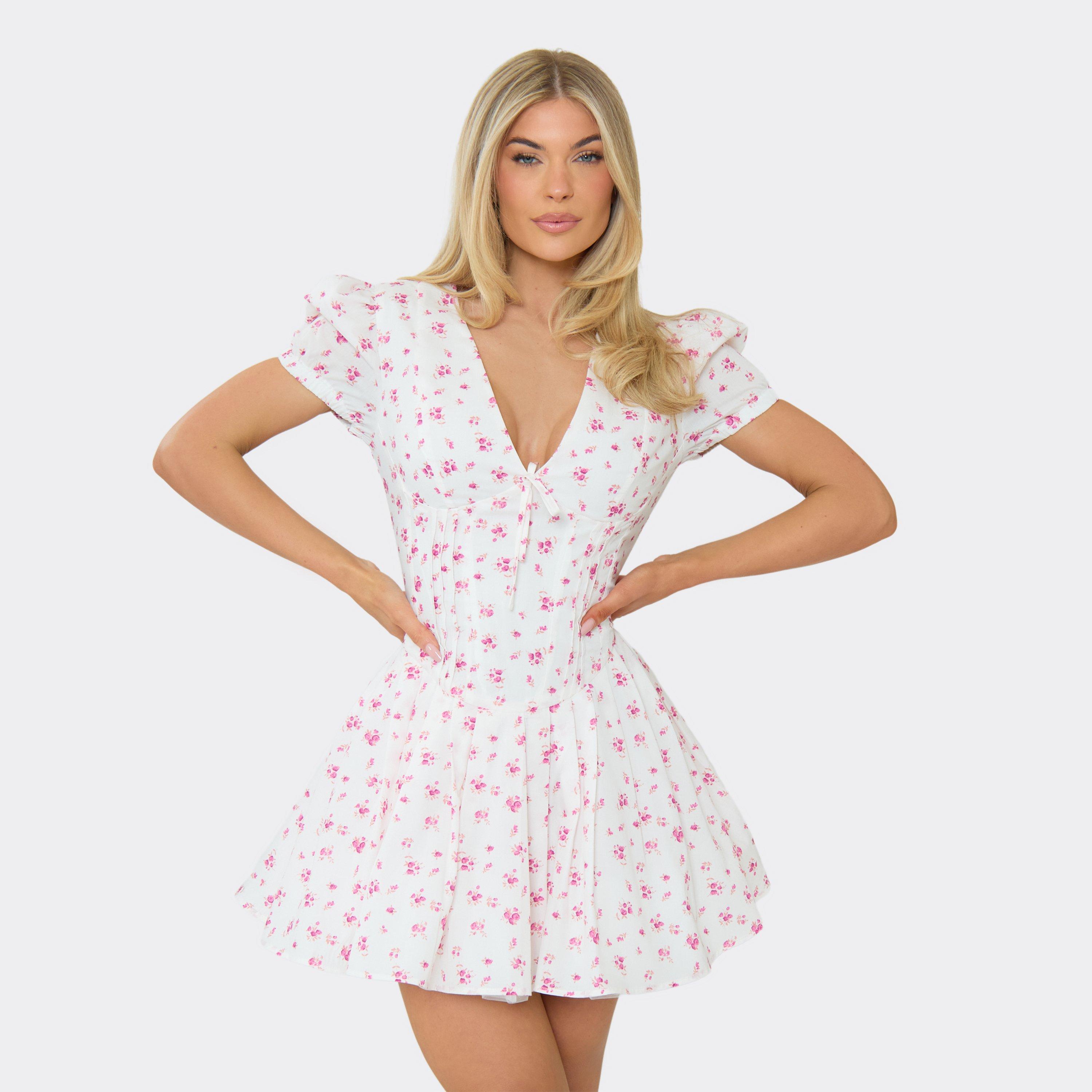 Short Puff Sleeve Mini Shift Dress In White Ditsy Floral Print, Women's Size UK 6