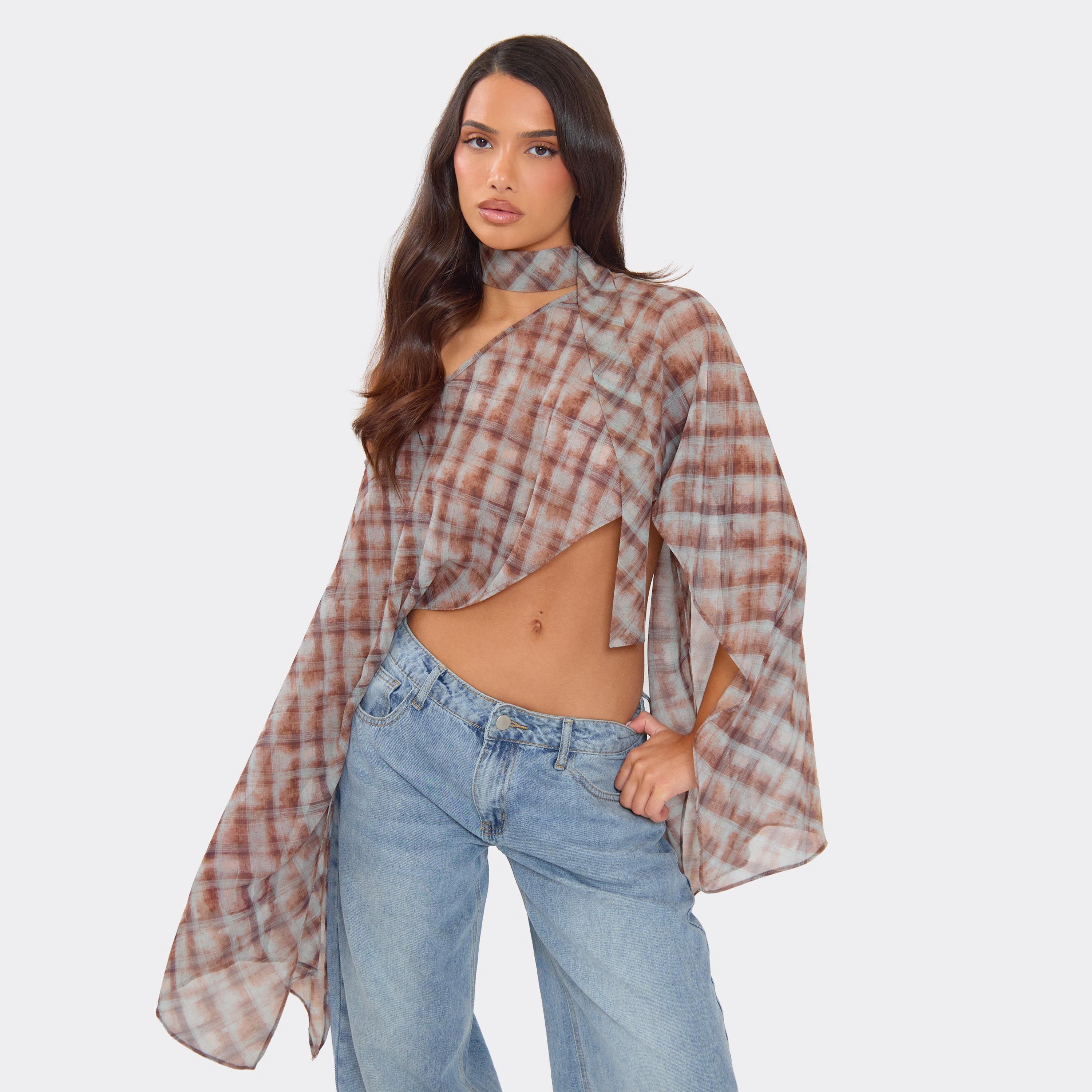 Off The Shoulder Scarf Detail Cape Top In Mult Check Print Chiffon, Women's Size UK 12