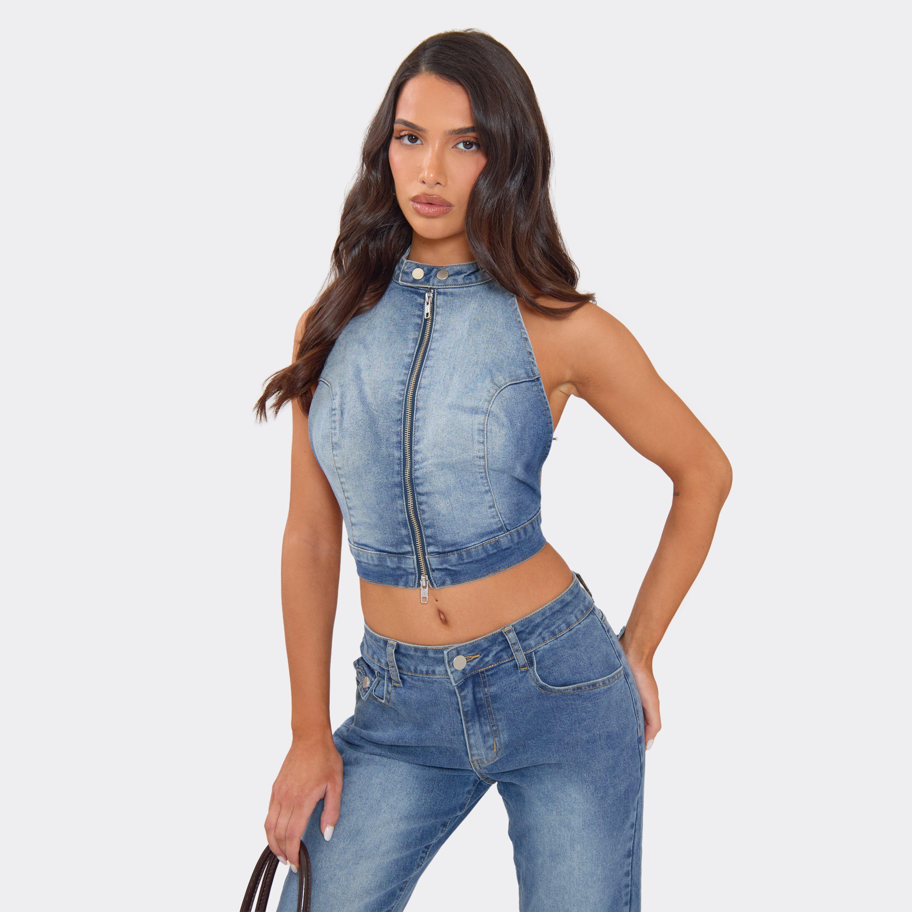Image of High Neck Sleeveless Zip Down Fitted Crop Top In Blue Wash Denim, Women's