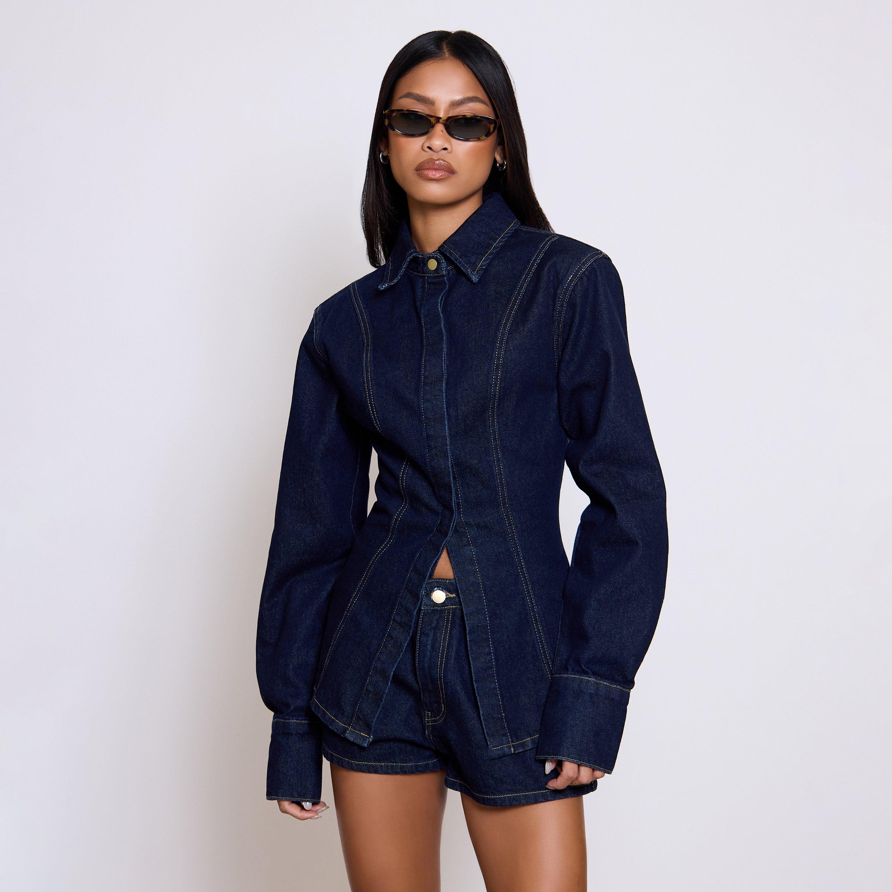 Long Sleeve Button Front Seam Detail Cinched Waist In Indigo Blue Denim, Women’s