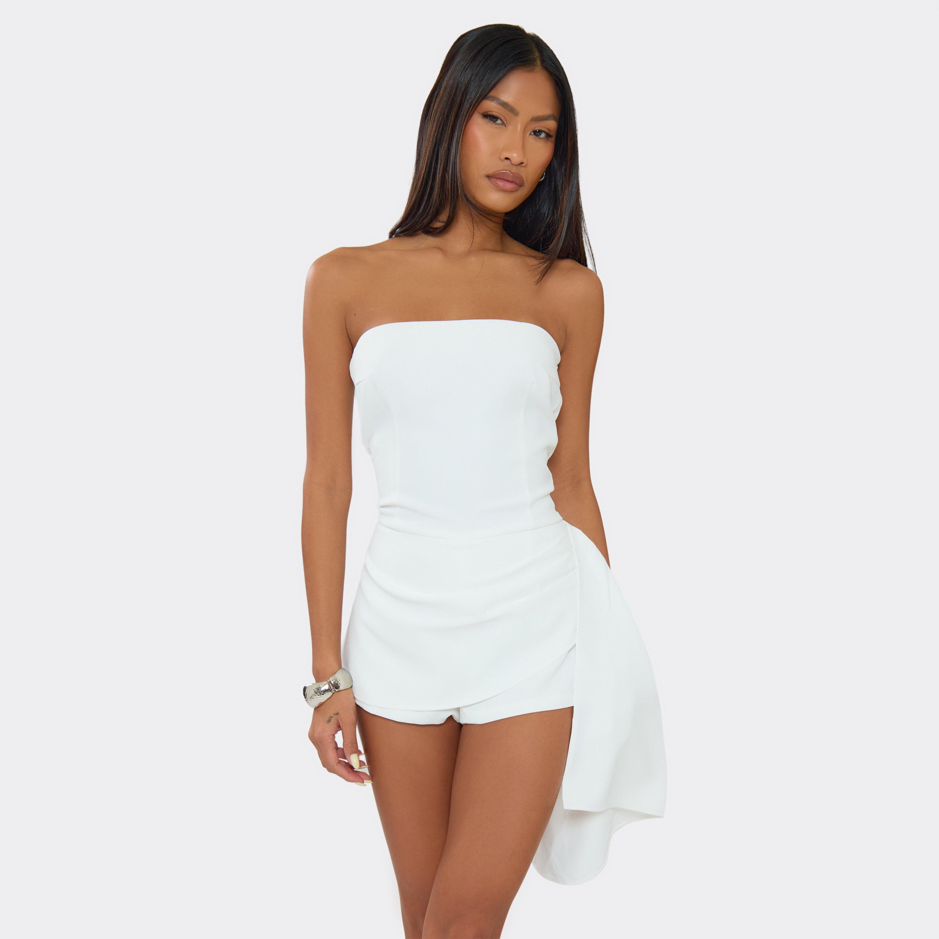 Image of Bandeau Ruched Drape Playsuit In Cream Woven, Women's