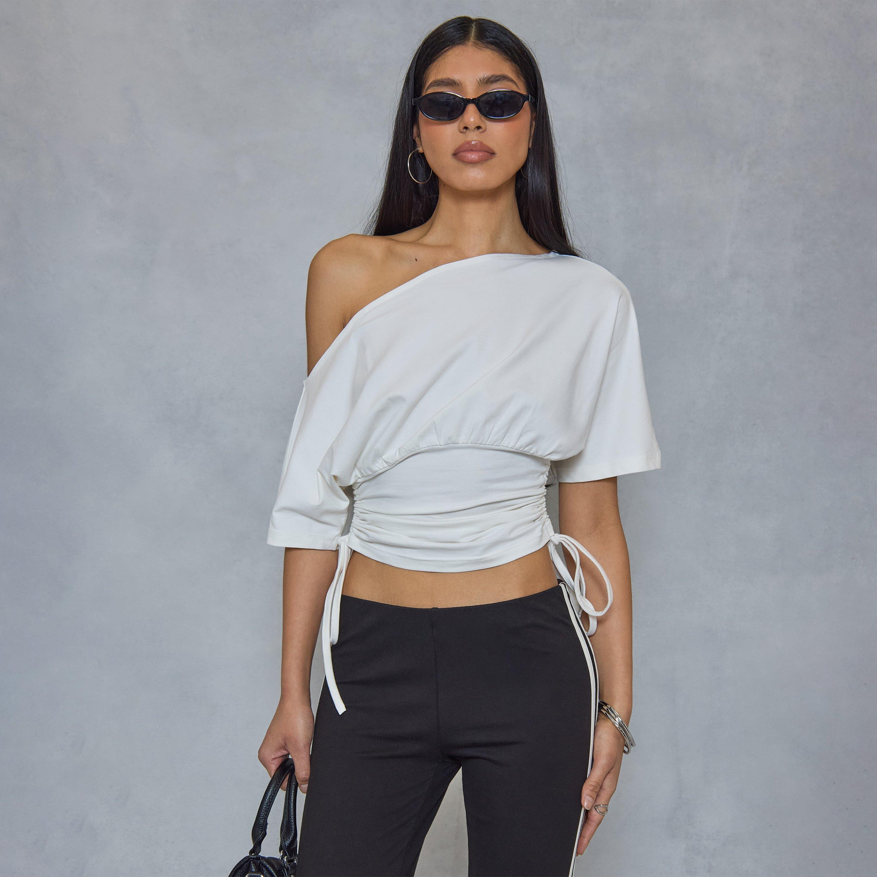 Asymmetric Ruched Tie Cinched Waist Detail Top In Cream, Women's Size UK 8