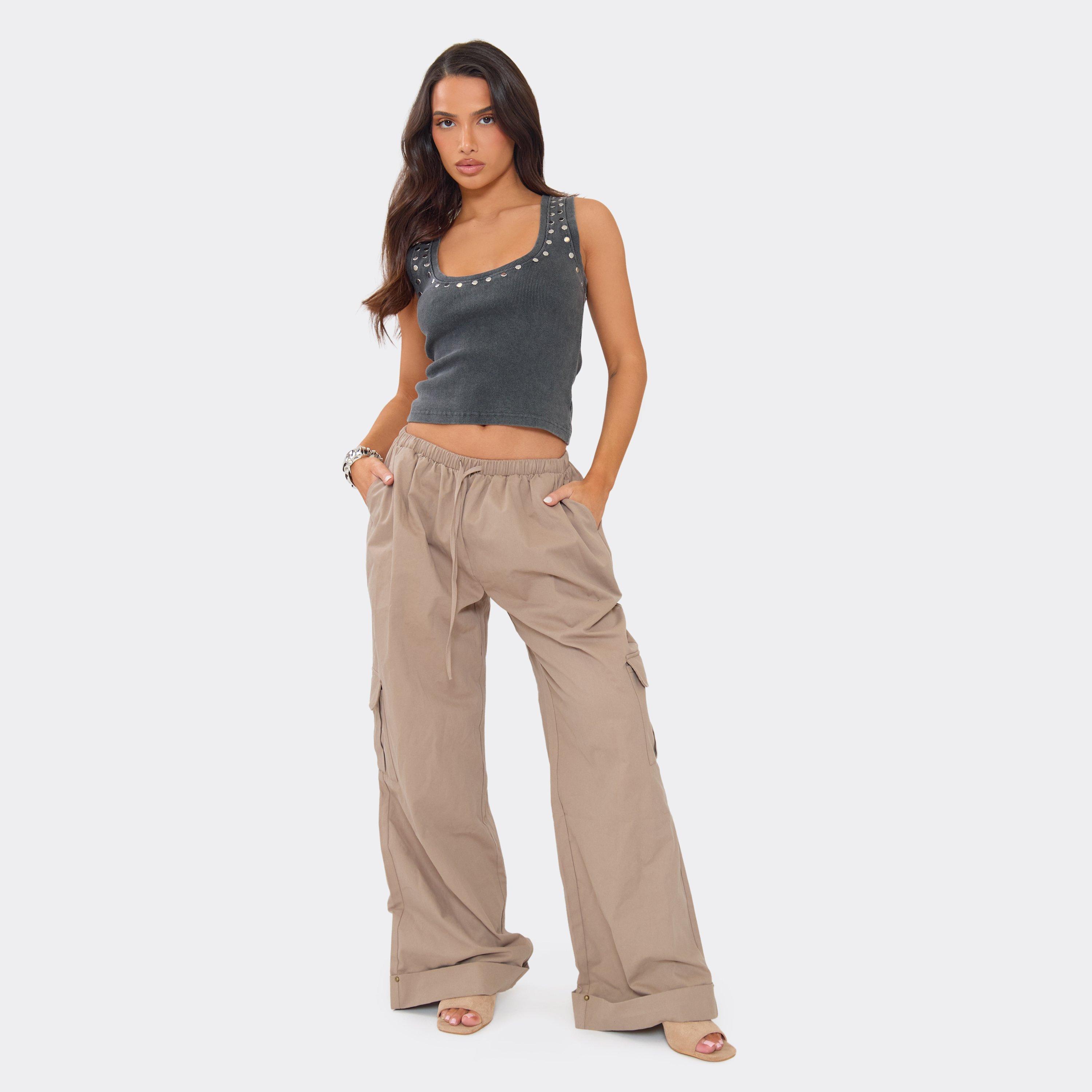 Low Rise Drawstring Waist Pocket Detail Wide Leg Cargo Trousers In Taupe, Women's Size UK 14
