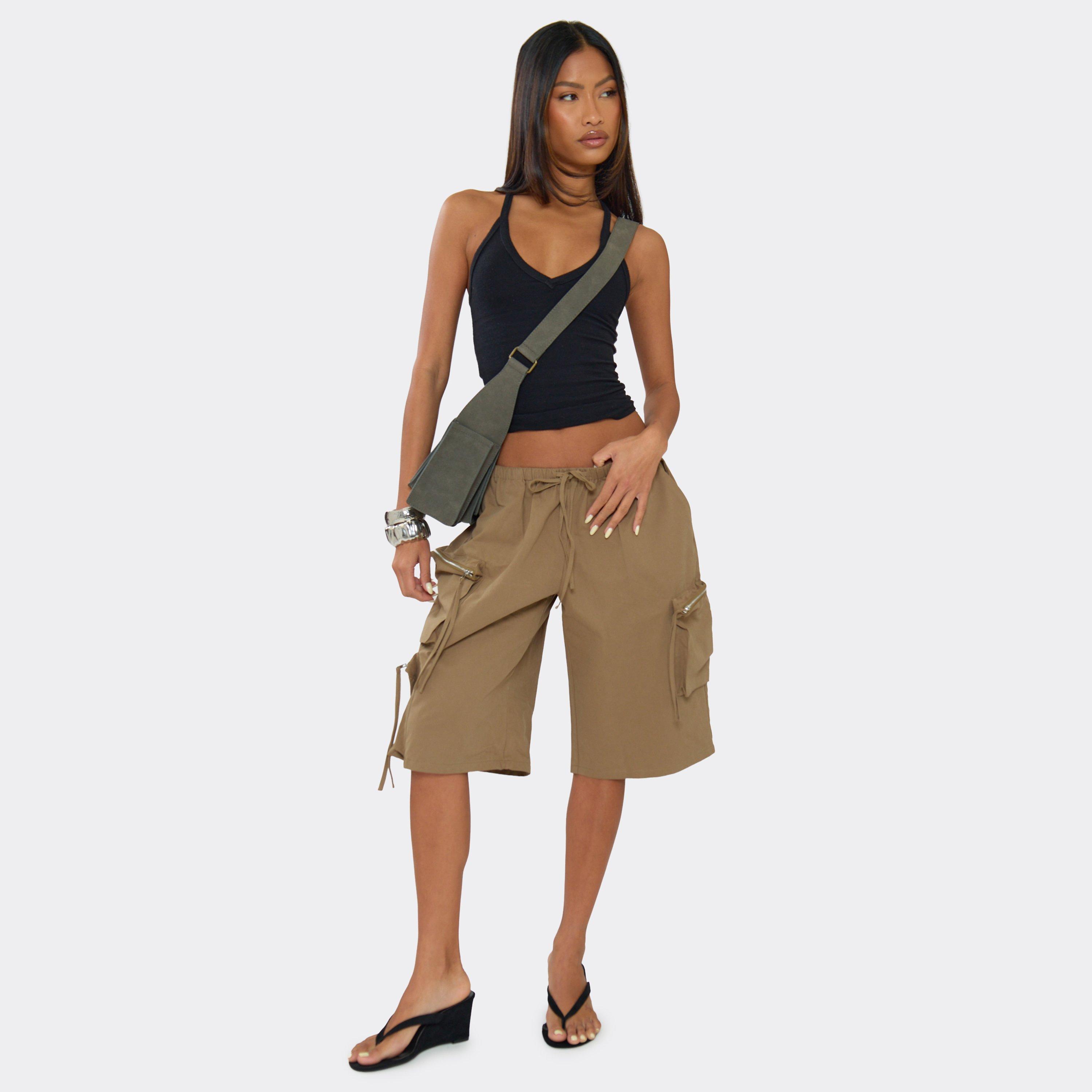 Low Rise Drawstring Waist Pocket Detail Cargo Jort In Khaki, Women’s