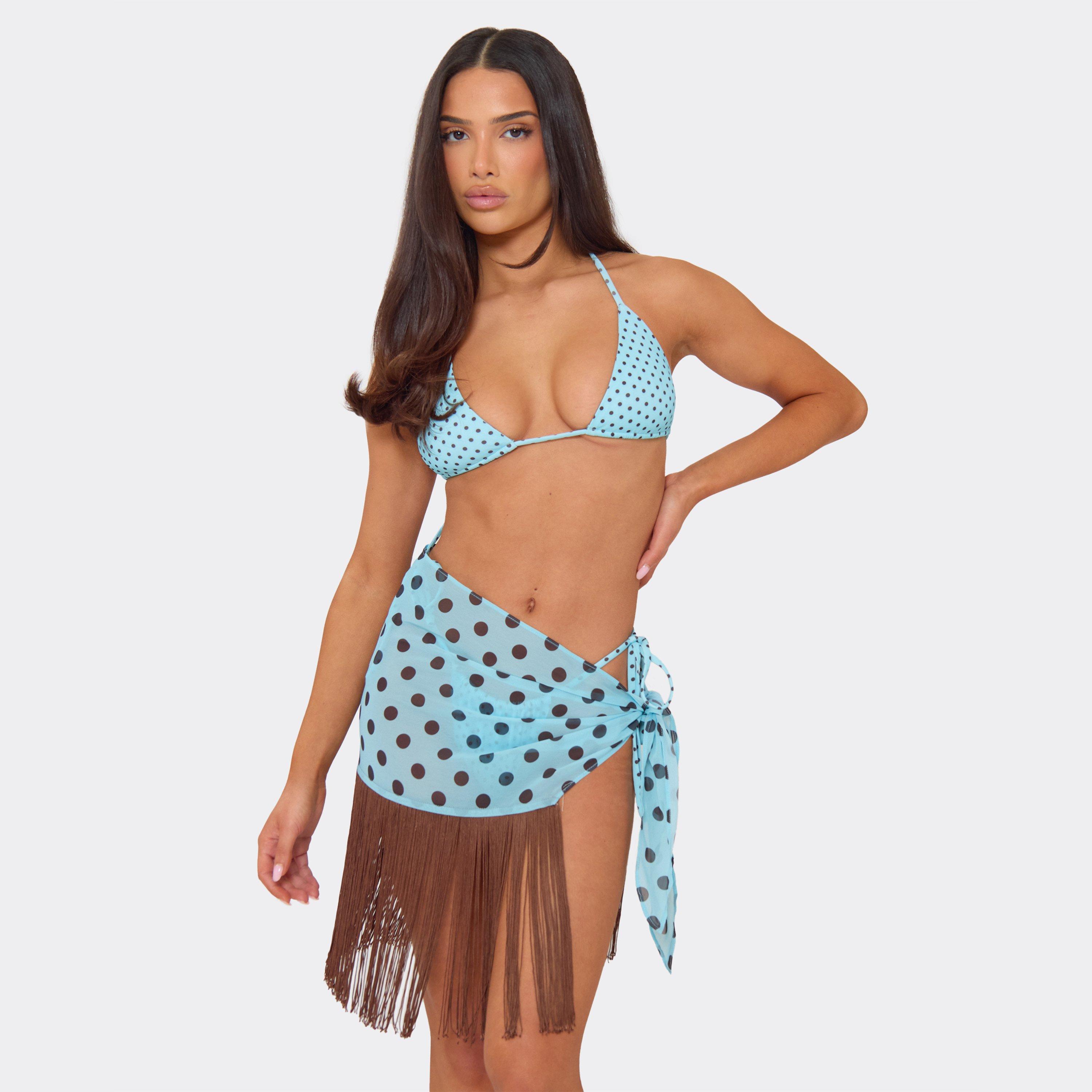 Tie Side Contrast Tassel Hem Sarong In Blue Polka Dot, Women's Size UK 8