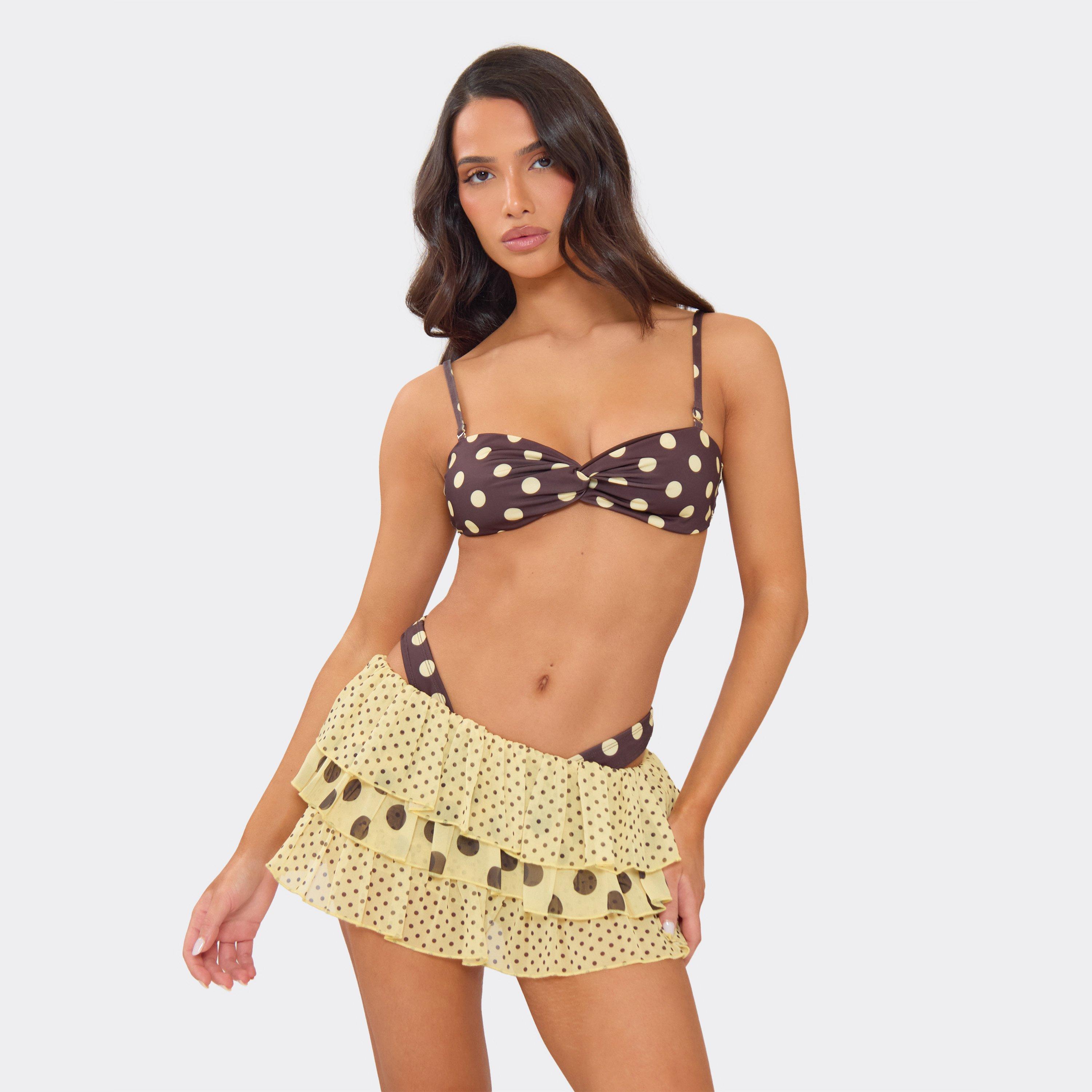 Low Waist Contrast Frilled Mini Shorts In Lemon Polka Dot, Women's Size UK 6