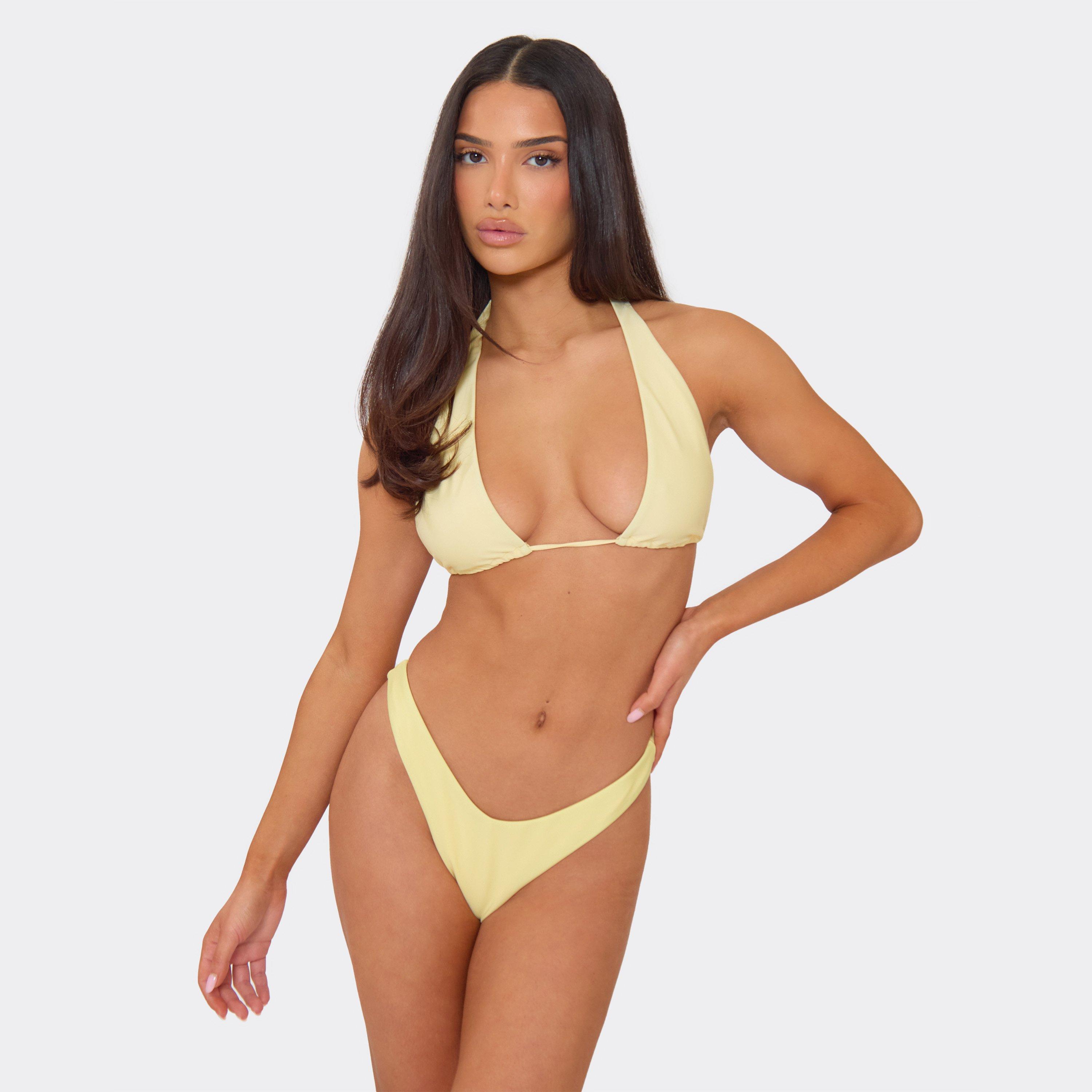 Halterneck Thong Bikini Set In Lemon, Women's Size UK 6