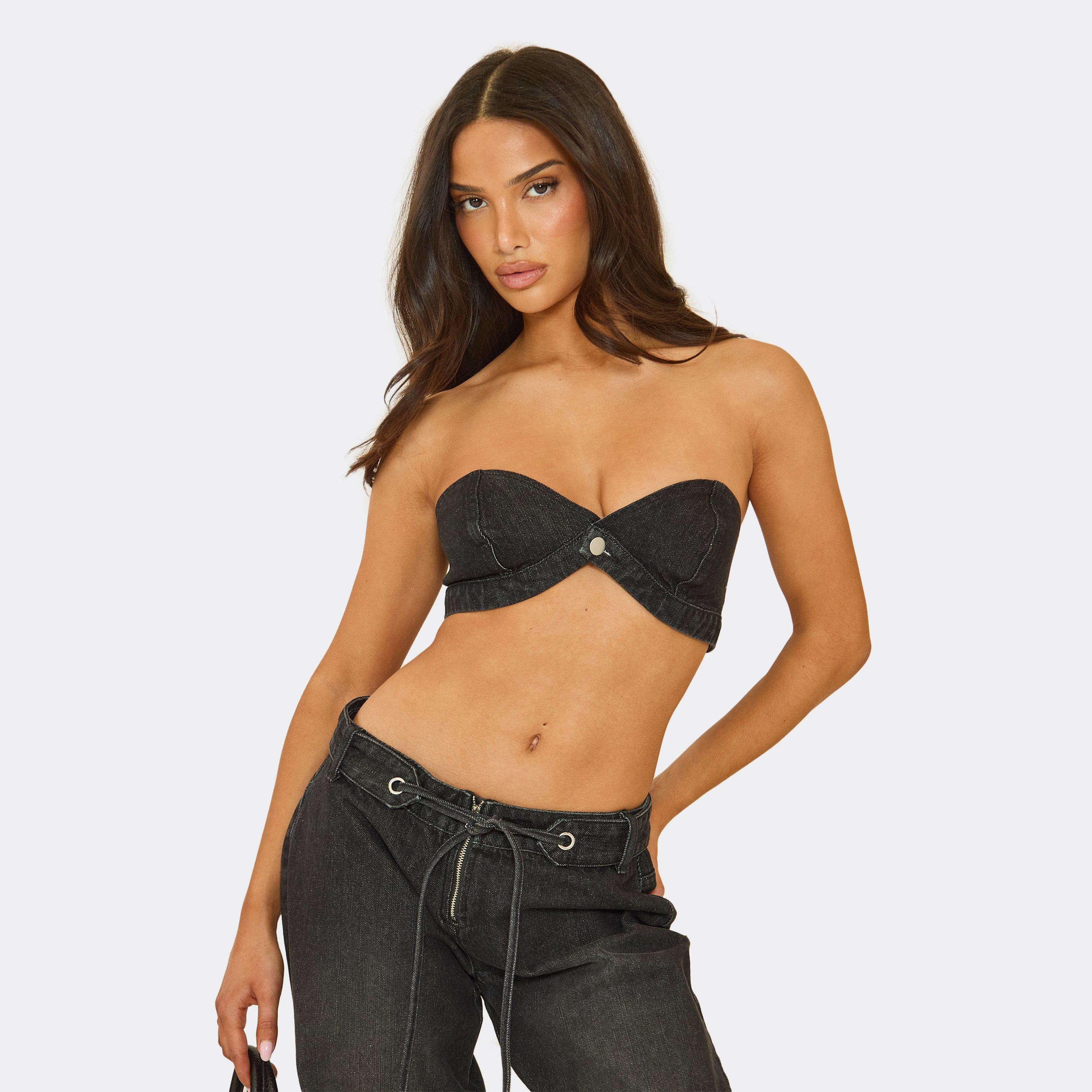 Image of Bandeau Button Front Bralet In Black Denim, Women's