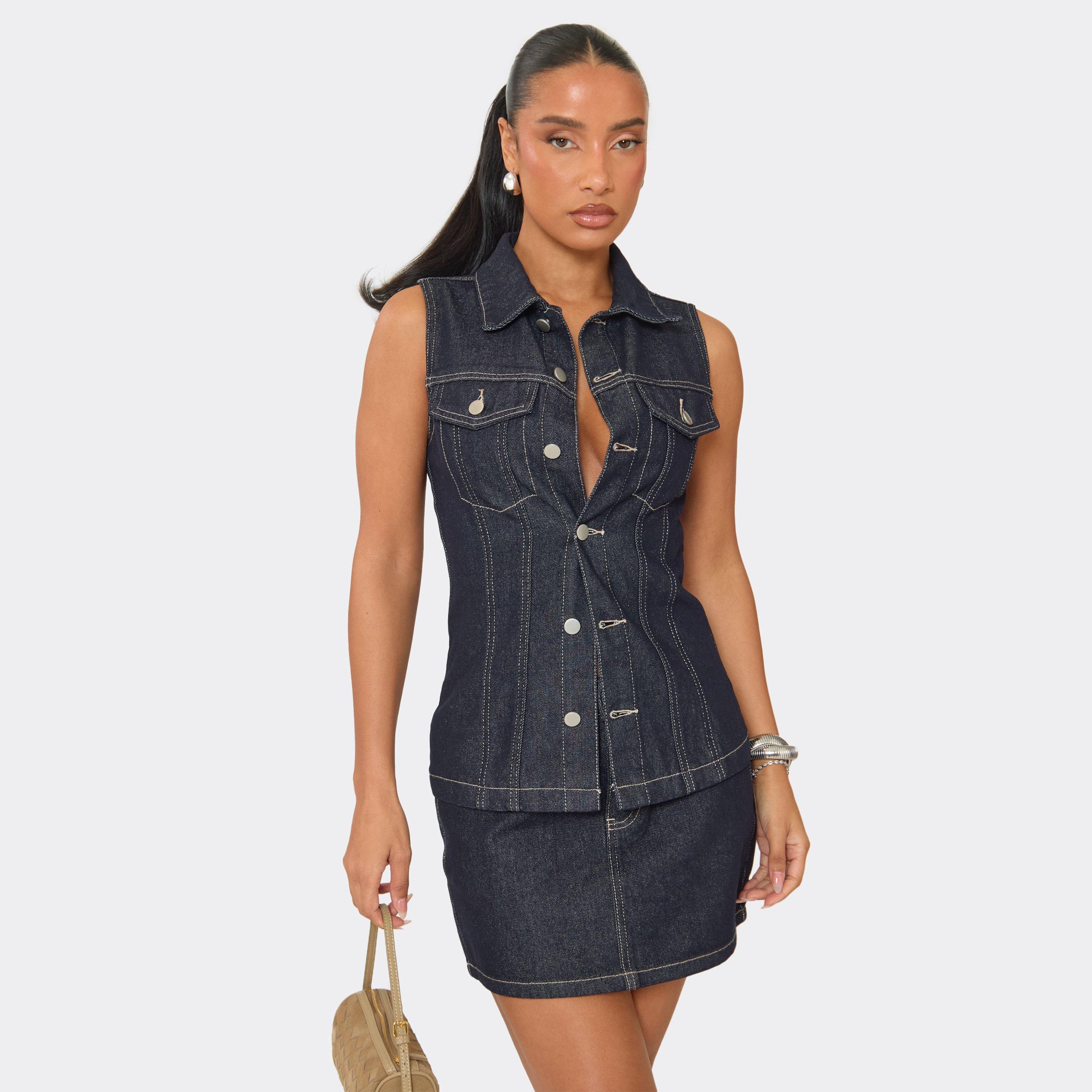 Image of Sleeveless Button Front Longline Top In Dark Indigo Denim, Women's