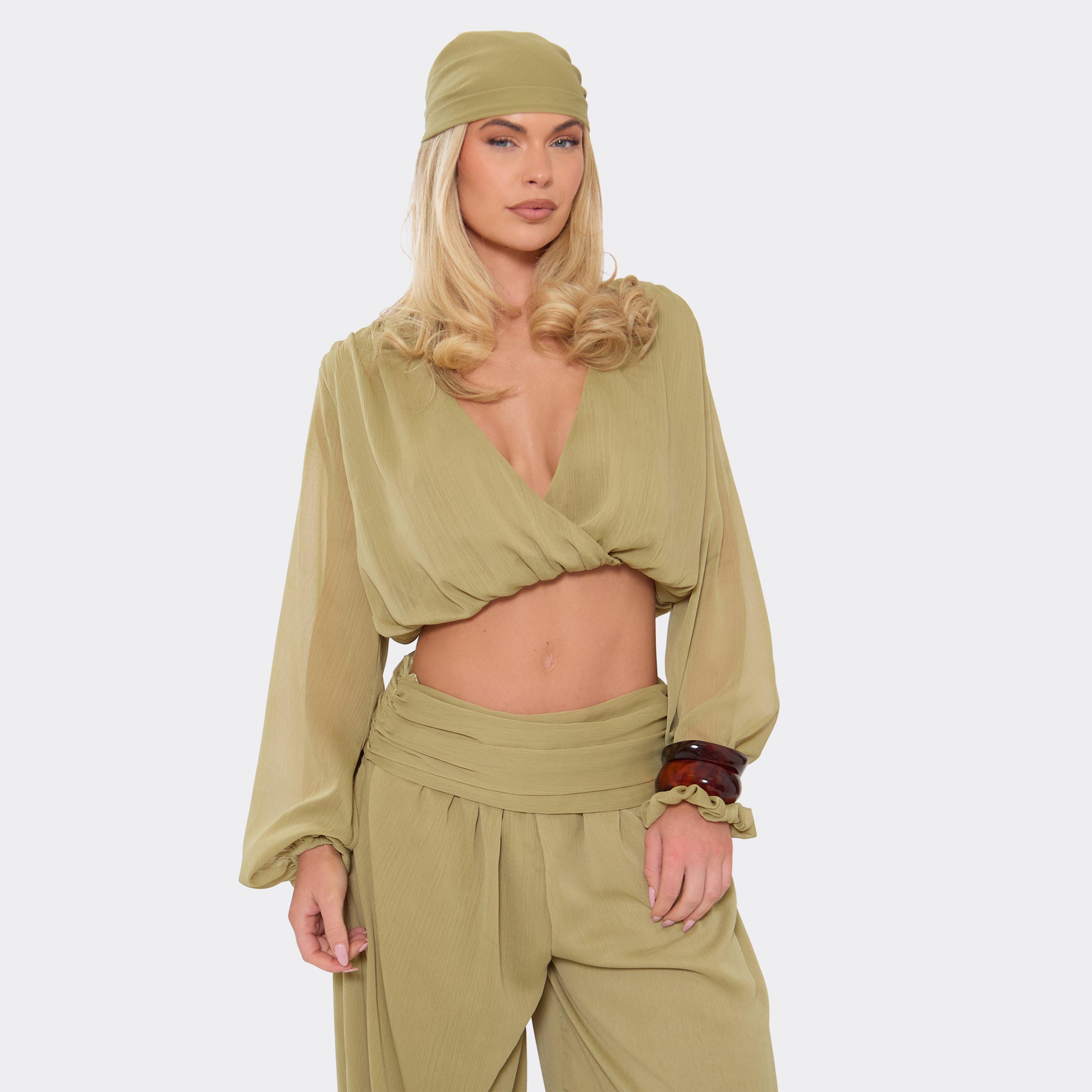 Long Sleeve Plunge Neck Ruched Blouson Top In Green, Women's Size UK 10