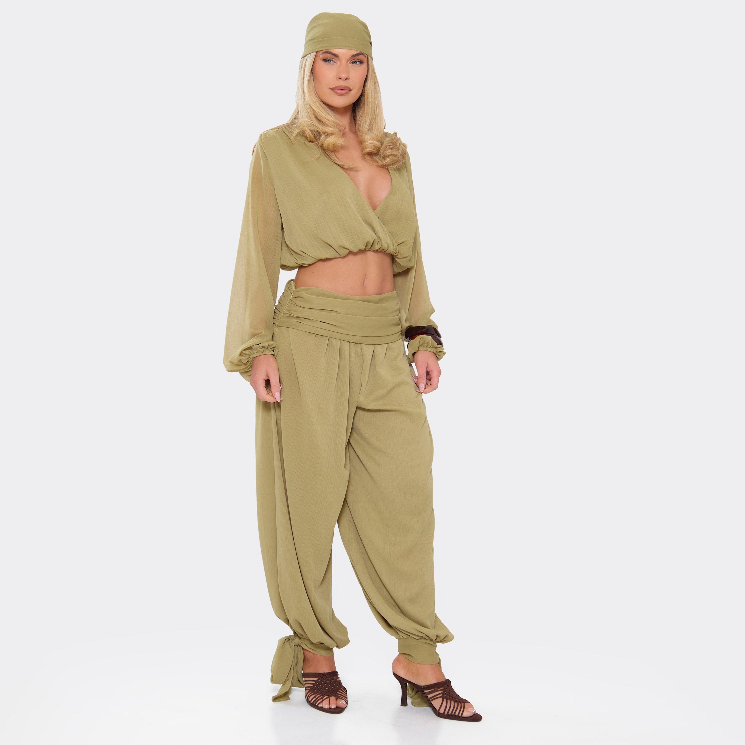 Ruched Waistband Tie Detail Blouson Trousers In Green, Women's Size UK 6