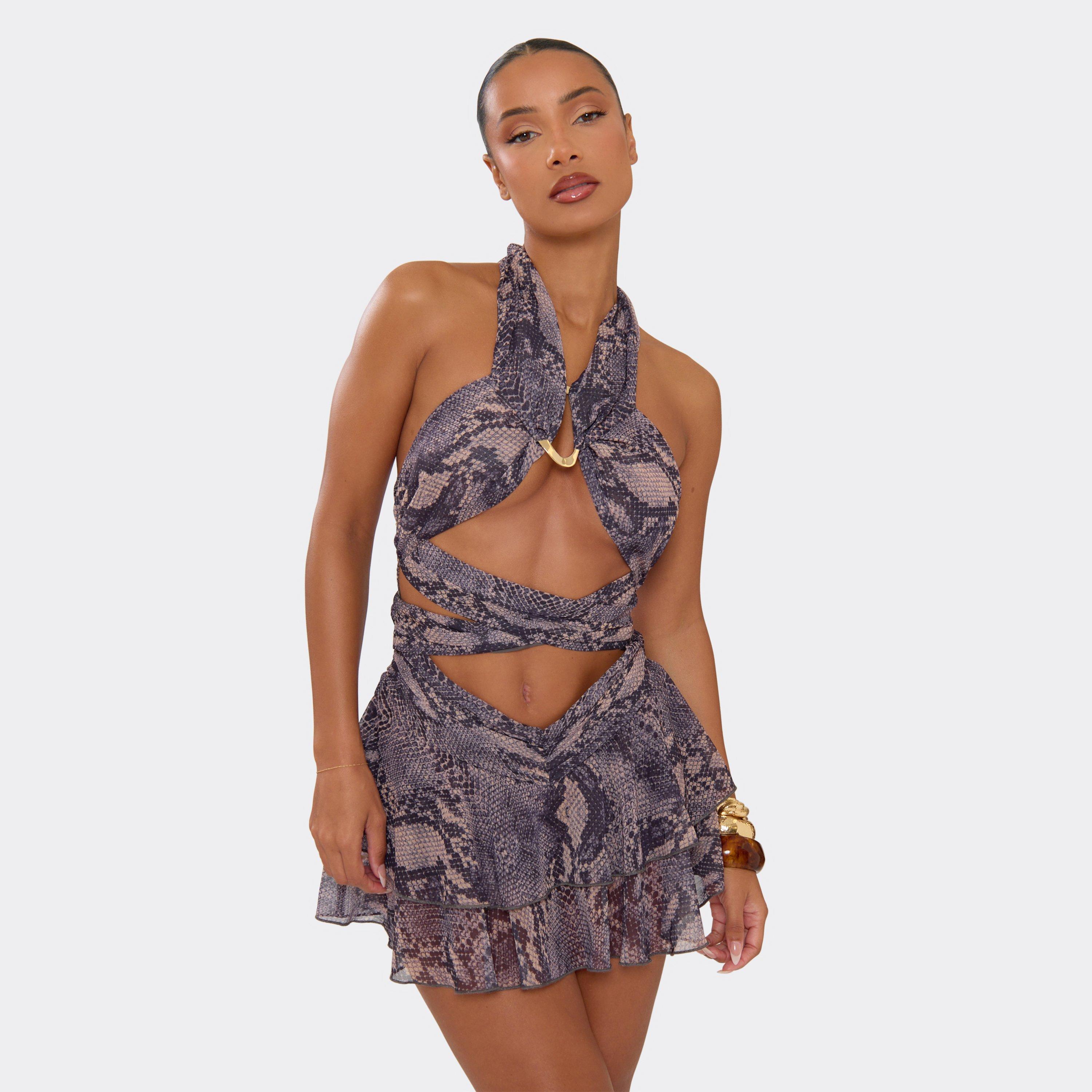 Halterneck Trim Detail Cut Out Frilled Hem Playsuit In Grey Snake Print, Women's Size UK 10