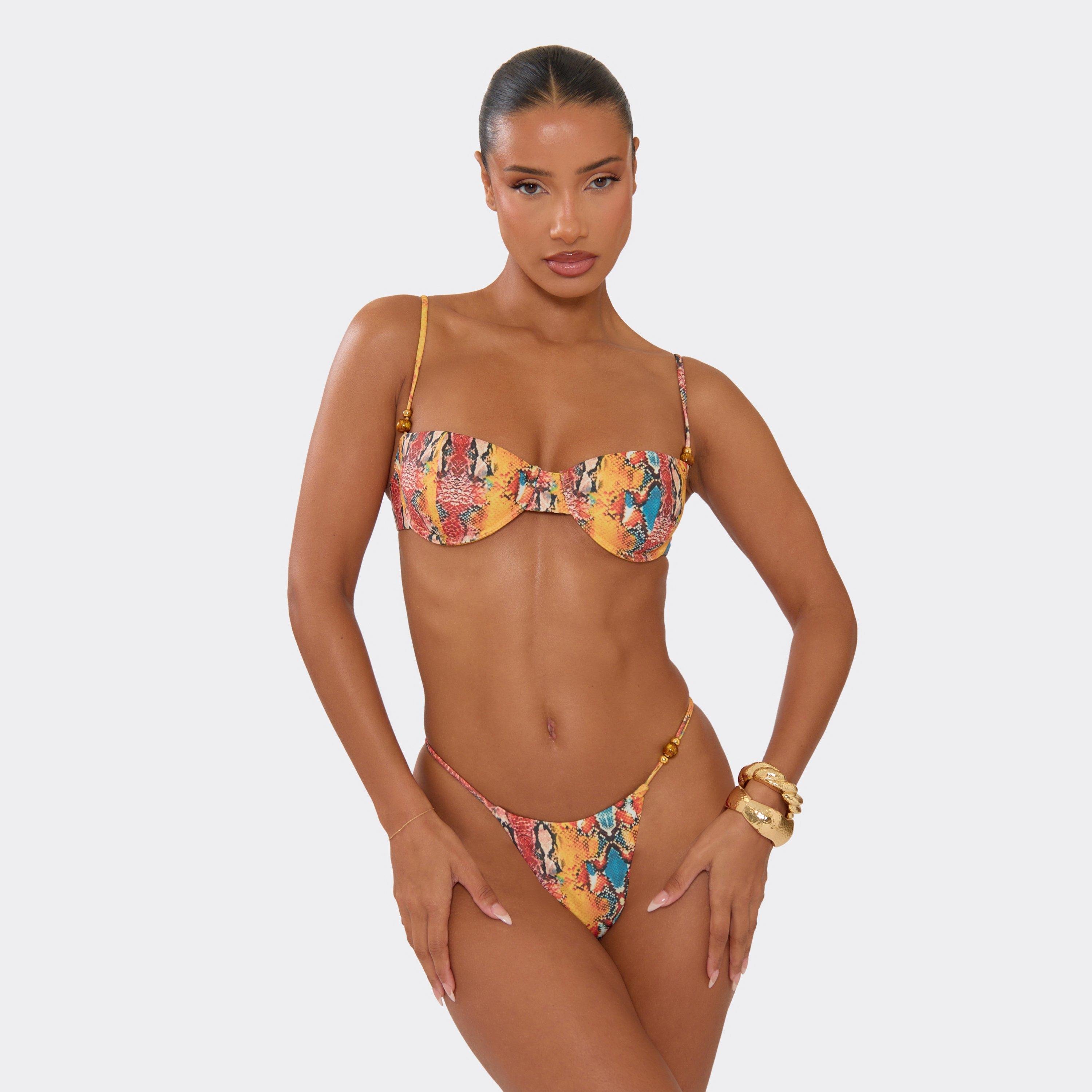 Strappy Underwired Beaded Detail Bikini Set In Multi Snake Print, Women's Size UK 6