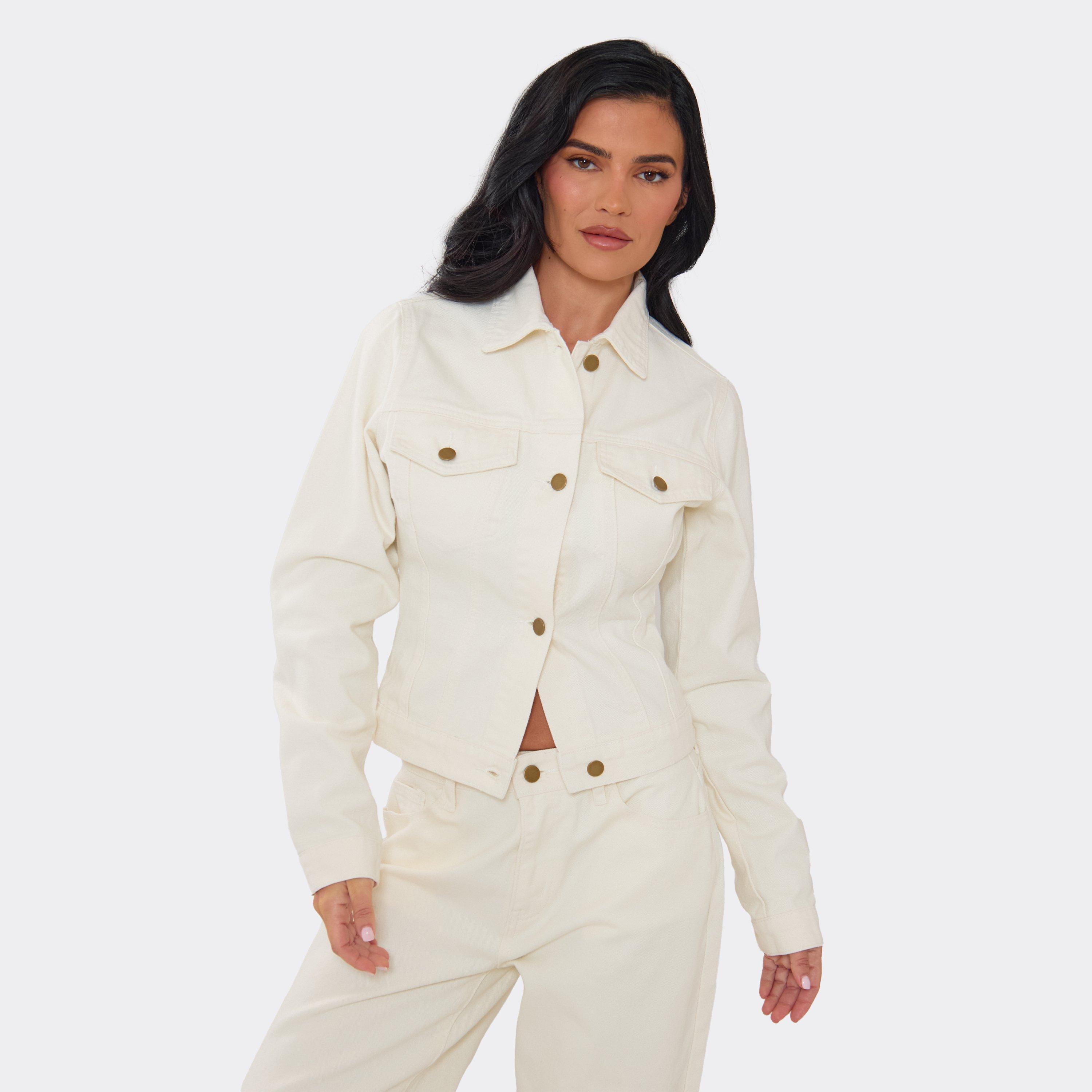 Long Sleeve Button Up Front Jacket In Cream Denim, Women's Size UK 6