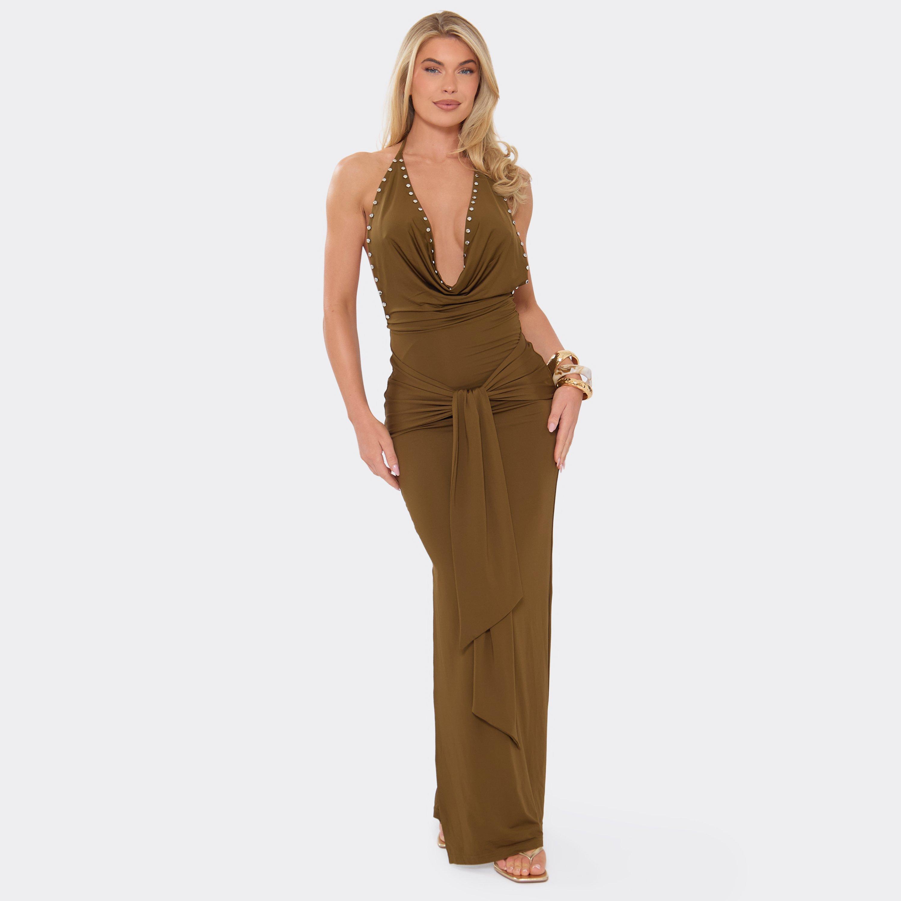 Halterneck Cowl Front Studded Wrap Detail Maxi Dress In Khaki, Women’s