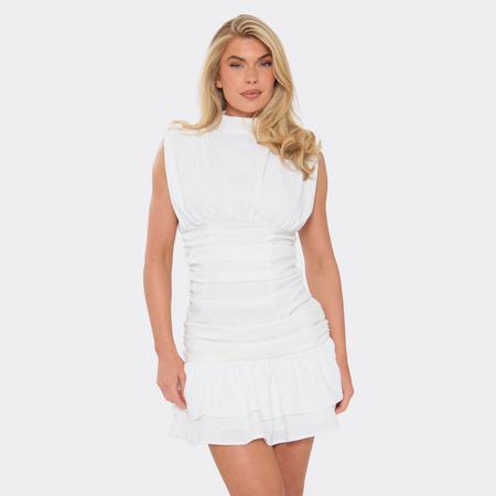 High Neck Ruched Frilled Hem Mini Dress In Cream, Women's Size US
