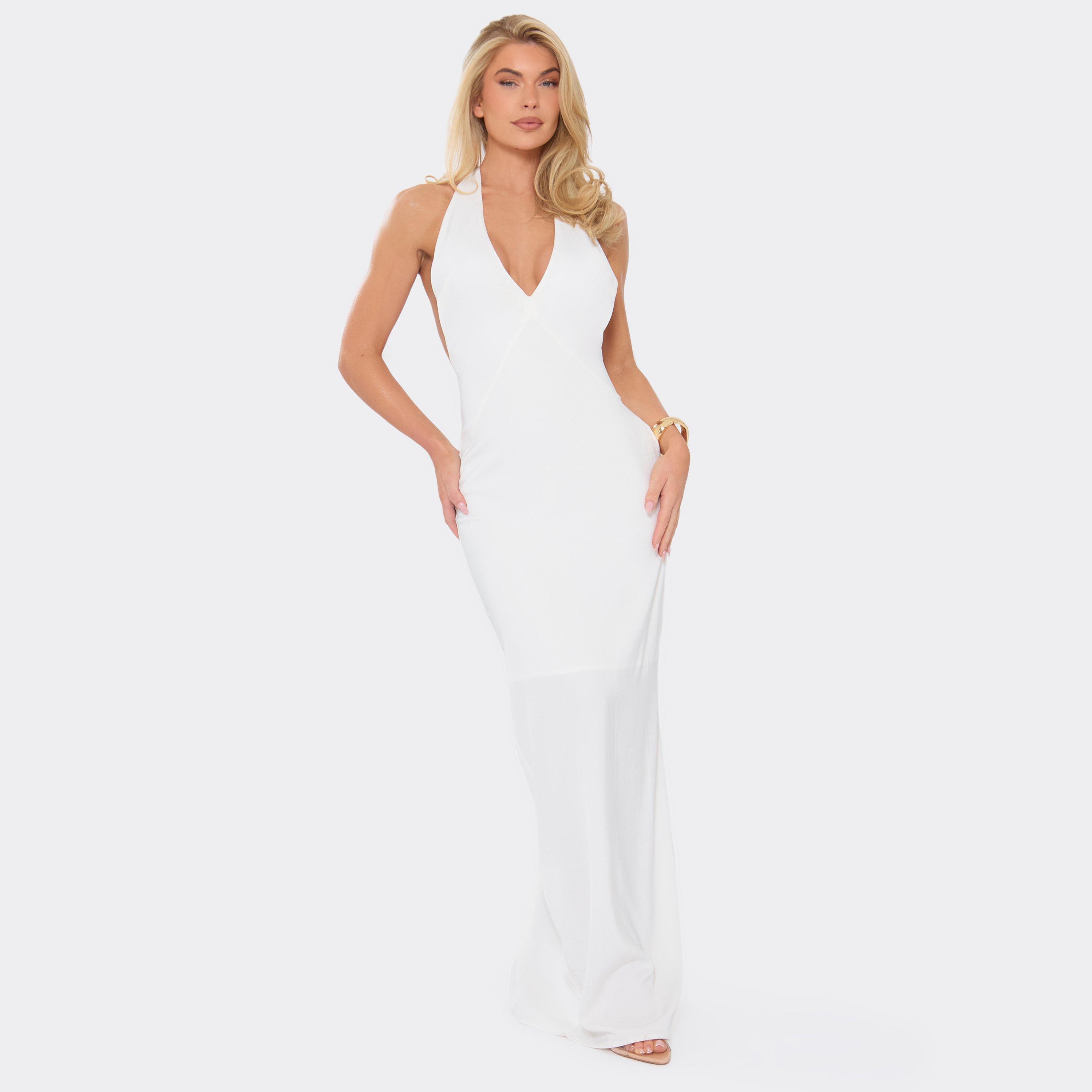 Halterneck Plunge Front Open Back Maxi Dress In Cream, Women's Size UK 14