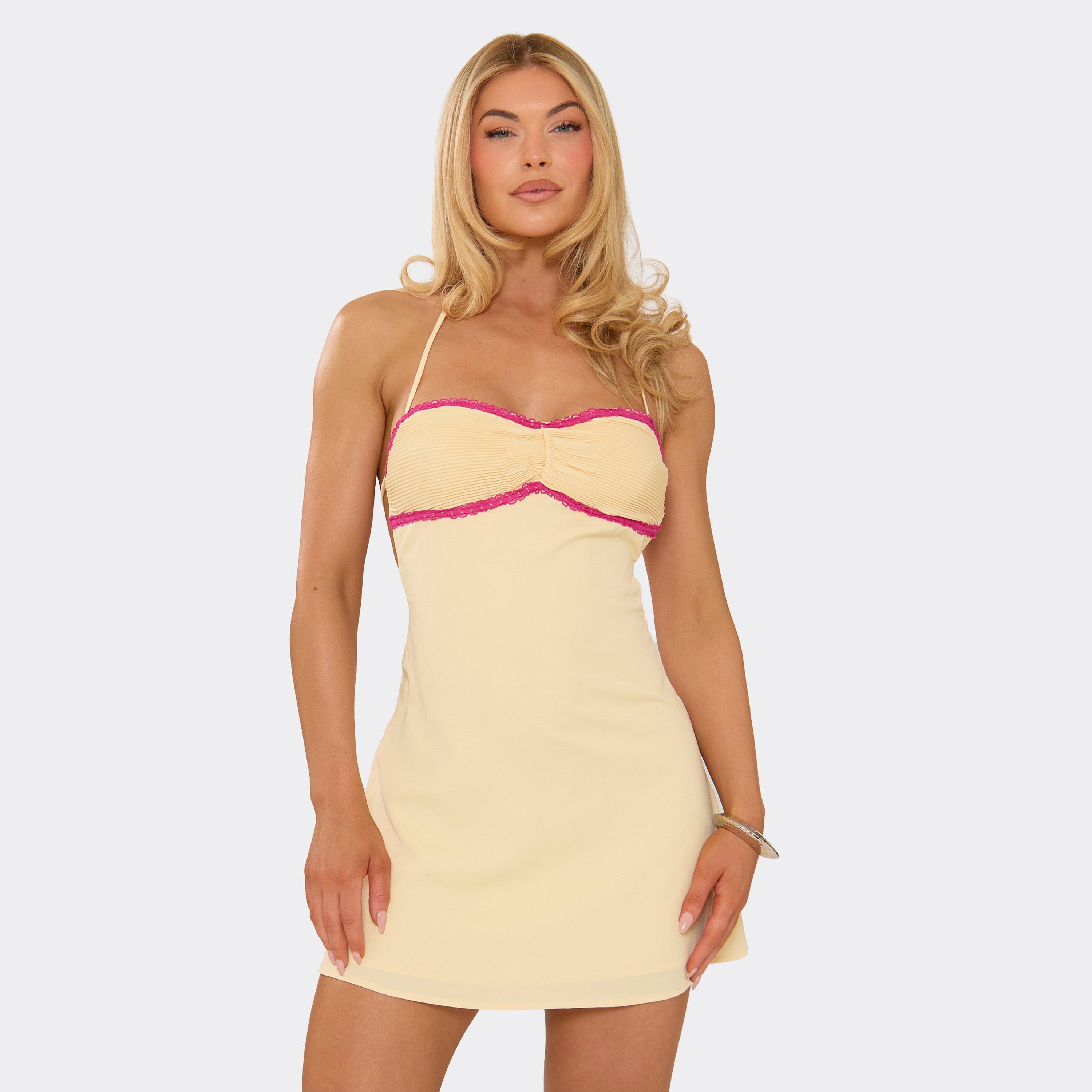 Halter Neck Contrast Lace Trim Ruched Bust Flippy Hem Mini Dress In Lemon, Women’s