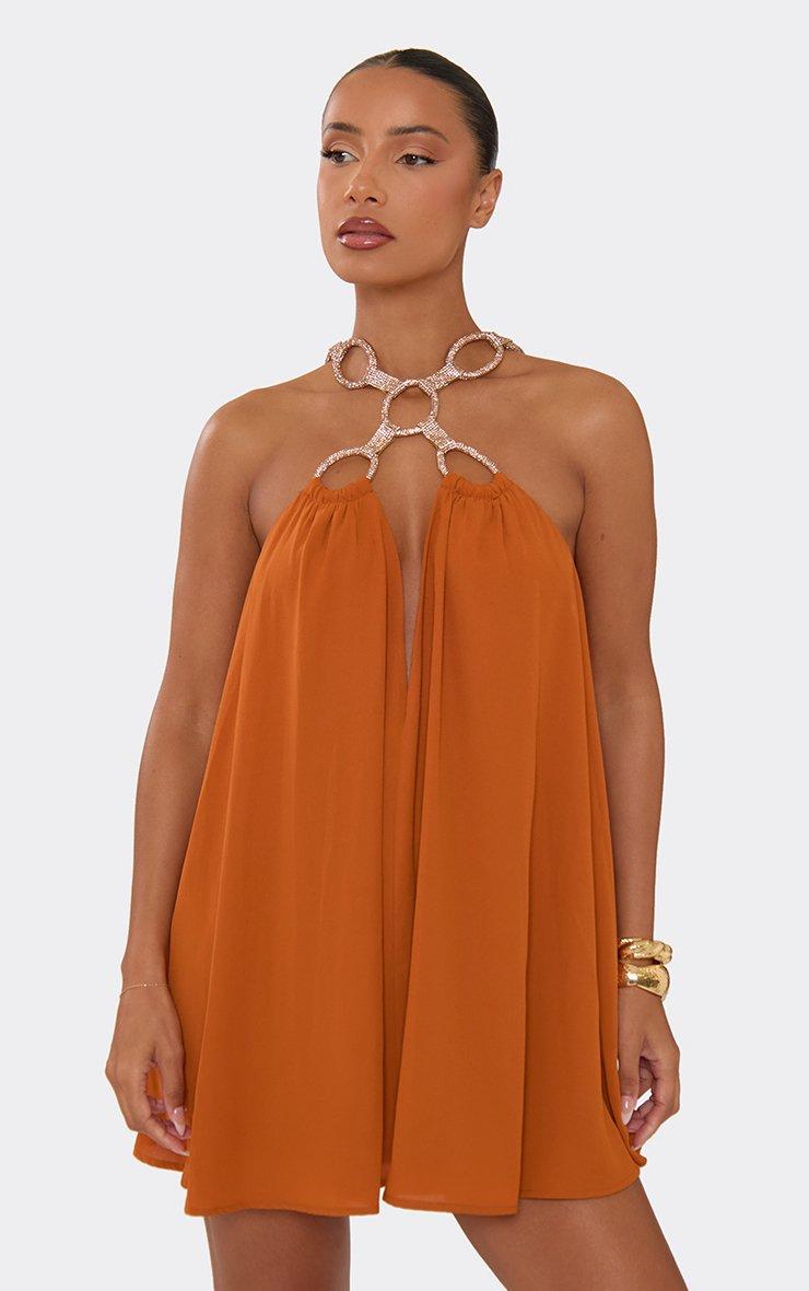 Plunge Neck Diamante Ring Detail Mini Dress In Orange, Women's Size US 4 - EGO