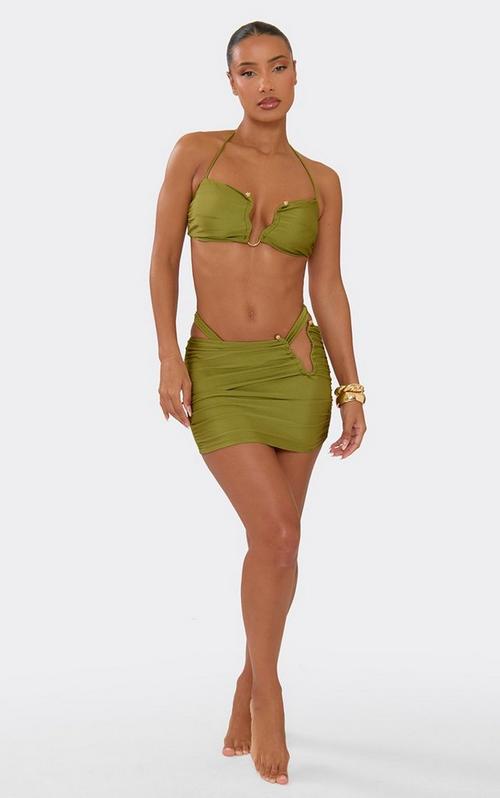 Mid Rise Pocket Detail Pleated Mini Skirt In Khaki Green Woven