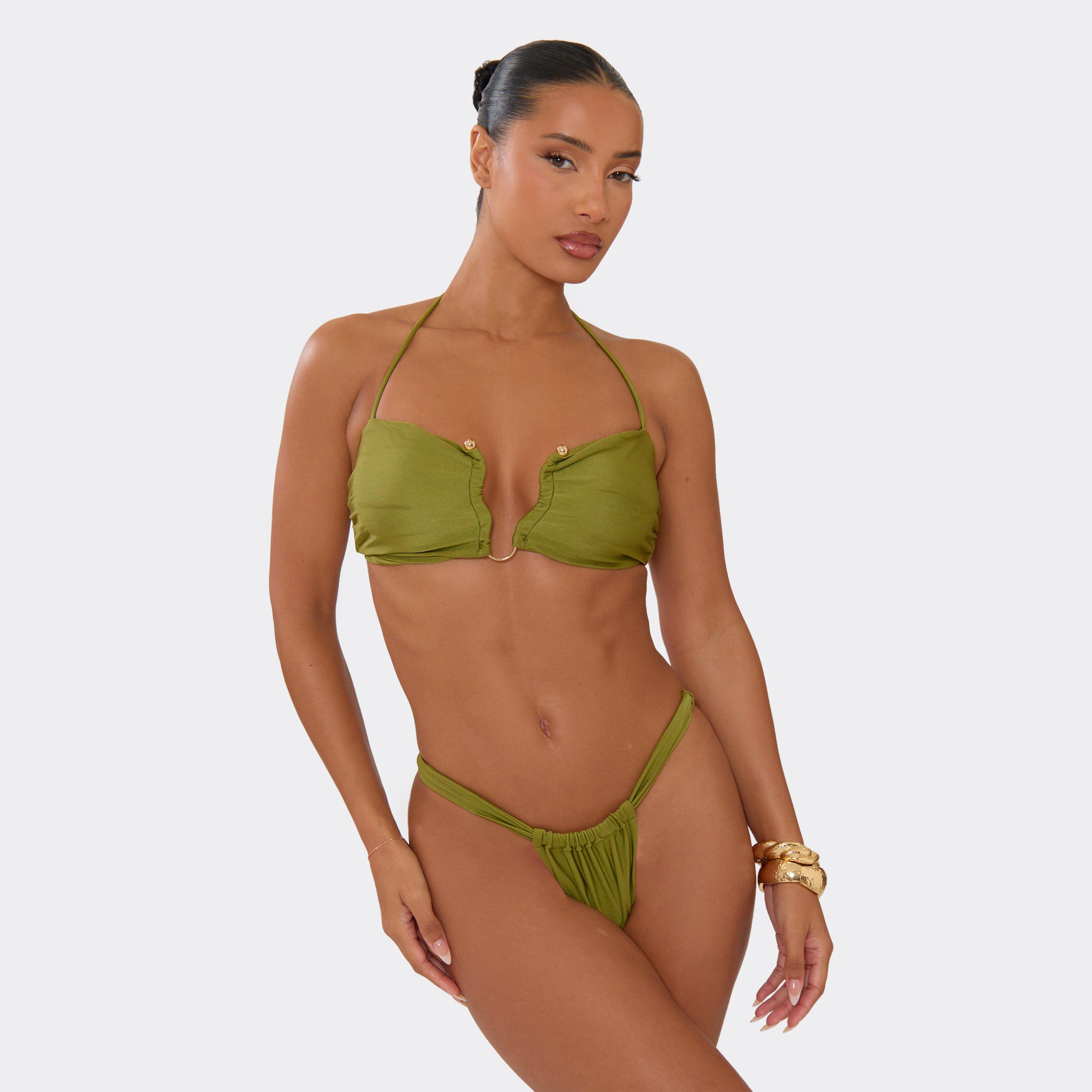 Halterneck Trim Detail Ruched Bikini Set In Green, Women's Size UK 6