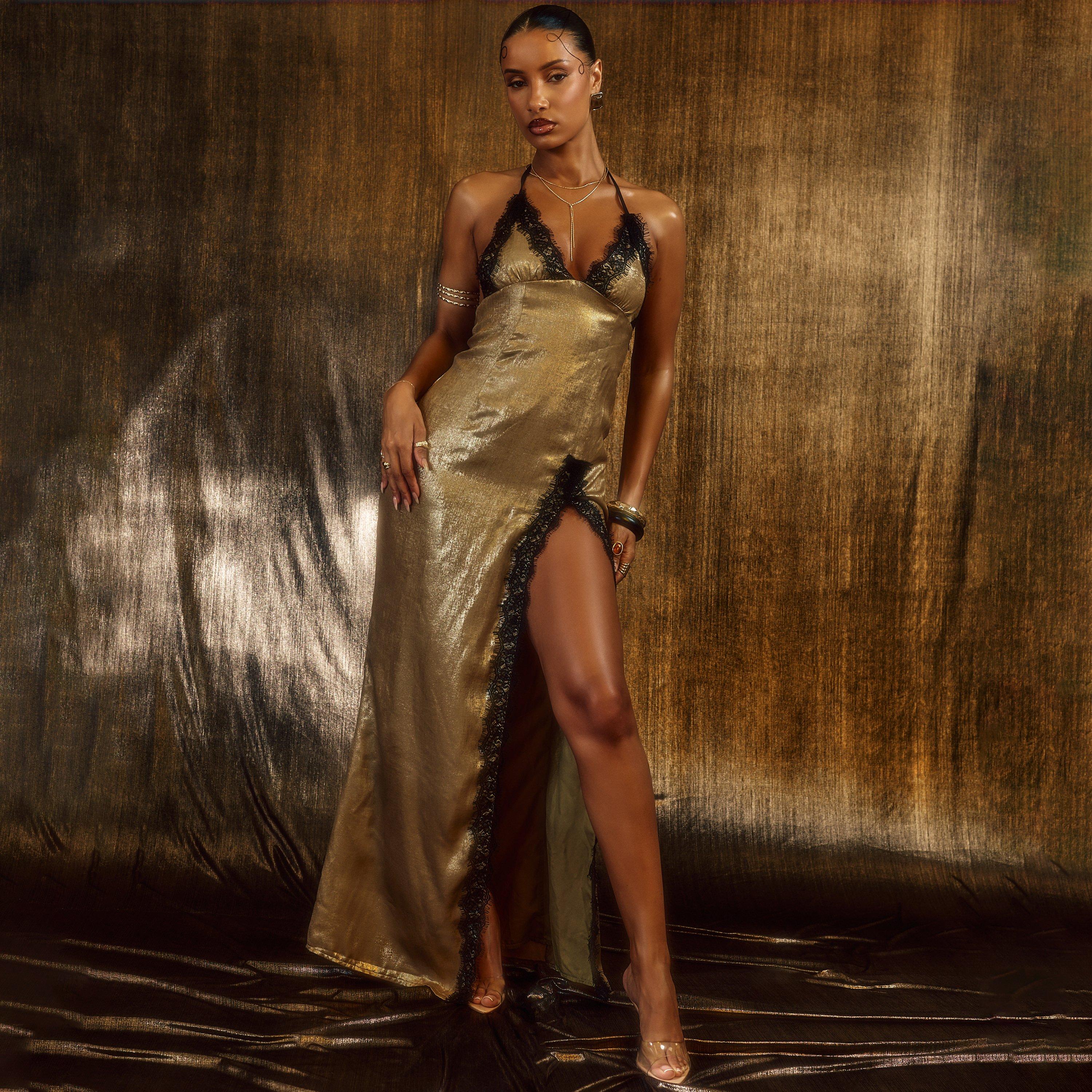 Plunge Neck Contract Lace Hem Split Leg Maxi Dress In Gold Metallic, Women’s
