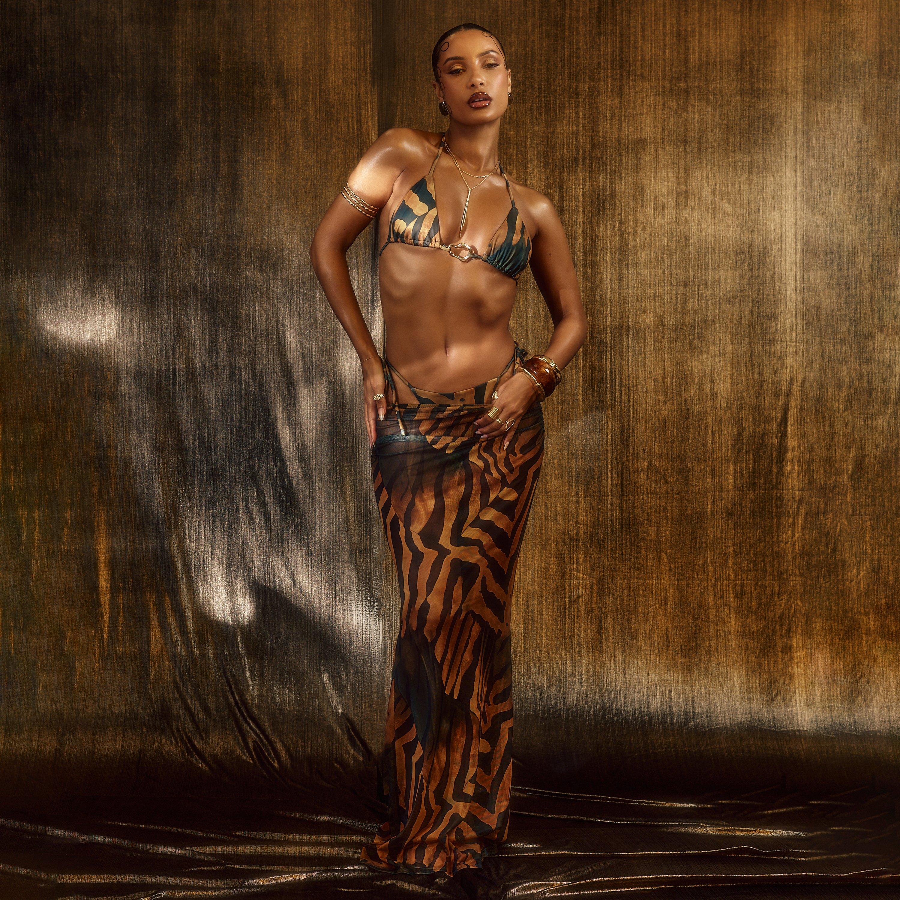 Ruched Printed Detail Fishtail Maxi Beach Skirt In Abstract Animal Print, Women's Size UK 12