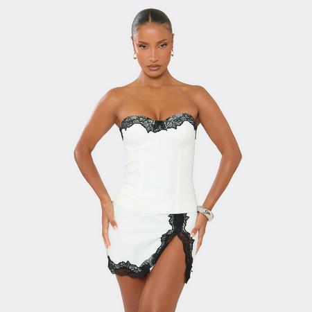Bandeau Contrast Lace Trim Corset Top In White Satin., Women's Size US