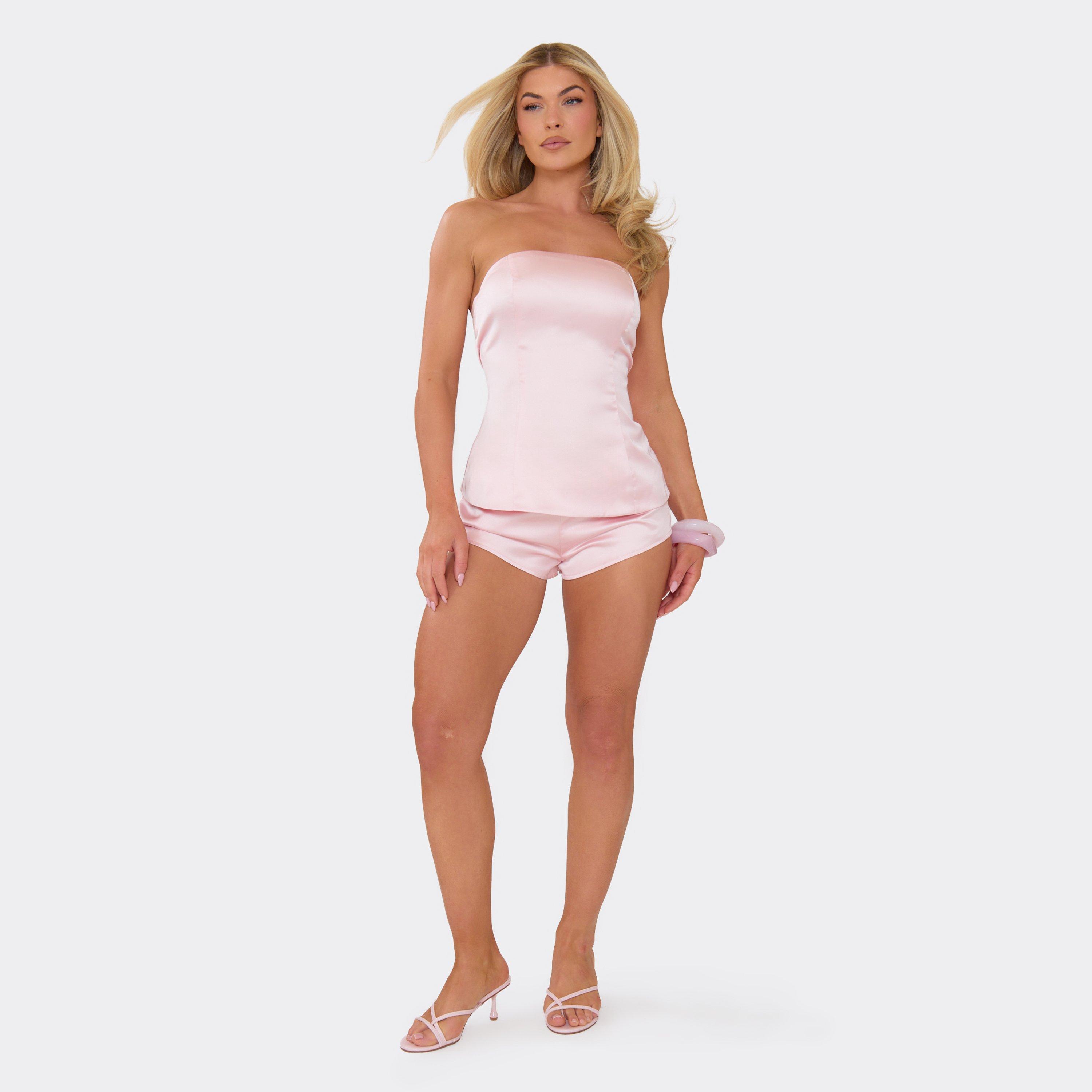 Mid Rise Mini Shorts In Pink Satin, Women's Size UK 8