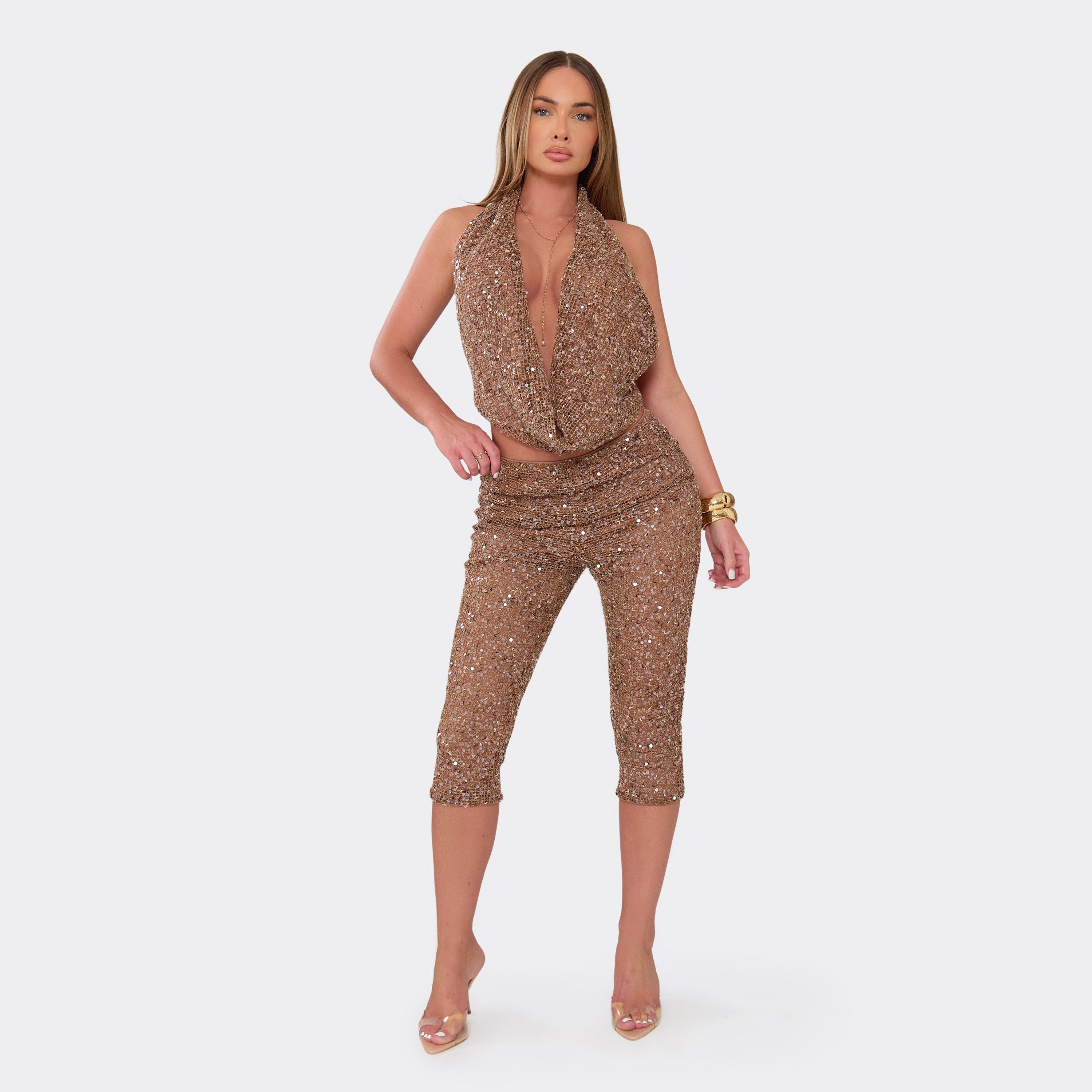 Cowl Neck Top And Capri Trouser Co-Ord Set In Brown Sequin, Women's Size UK L