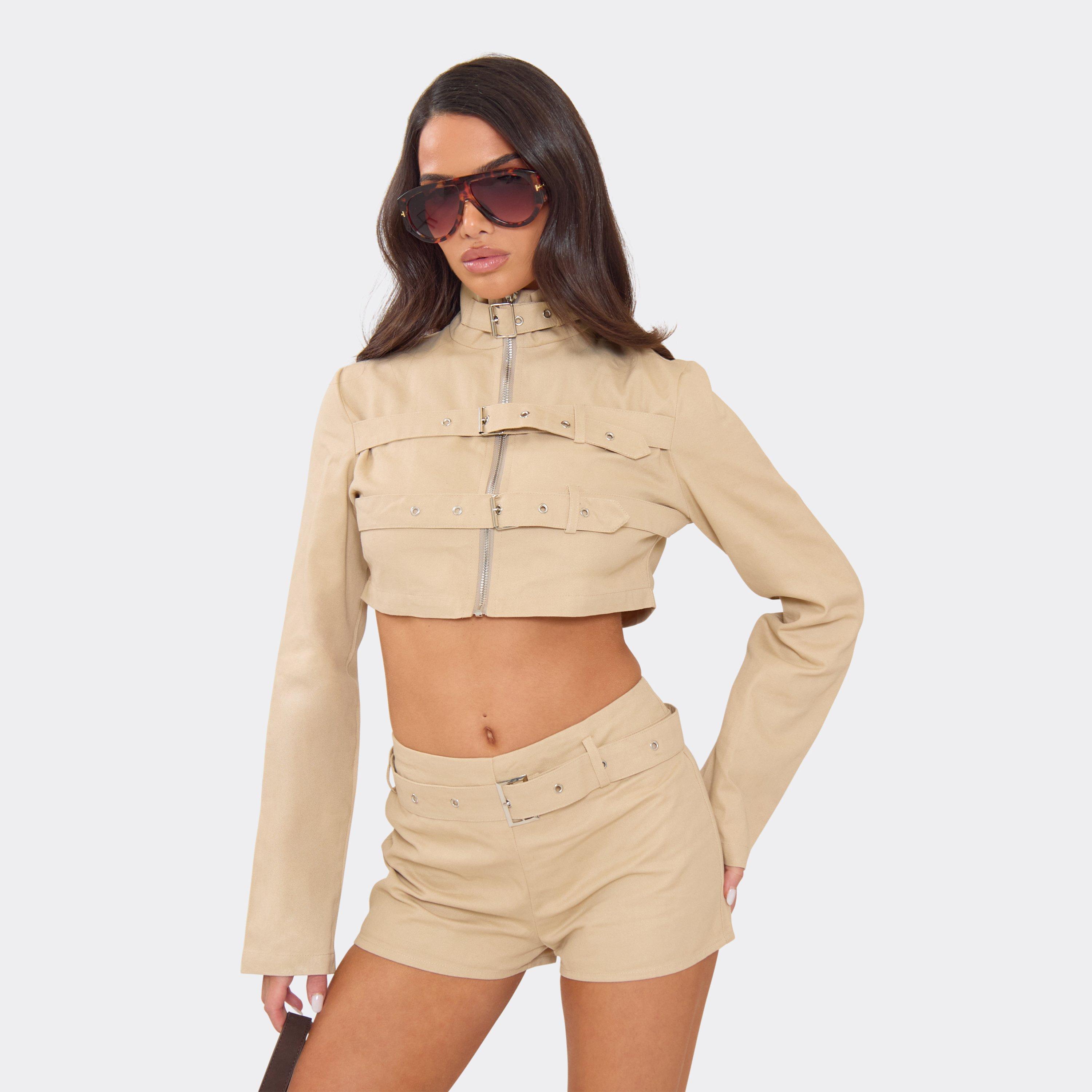 High Neck Buckle Strap Detail Jacket In Beige, Women’s