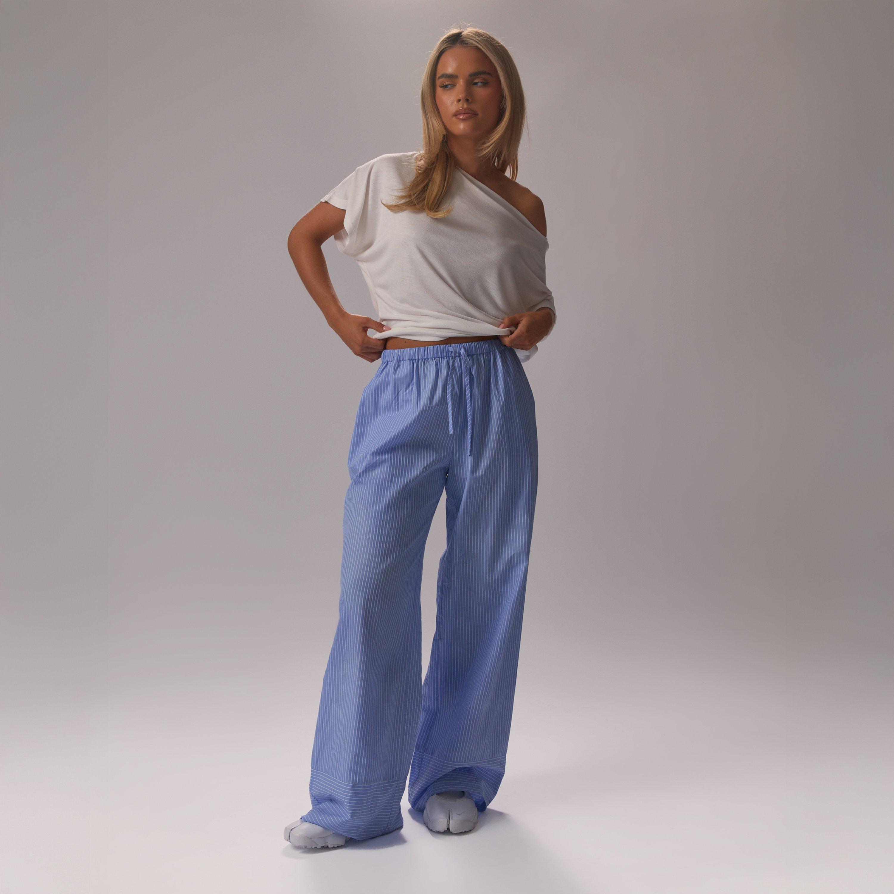 Image of Drawstring Waist Wide Leg Poplin Trousers In Blue Stripe Crinkle, Women's
