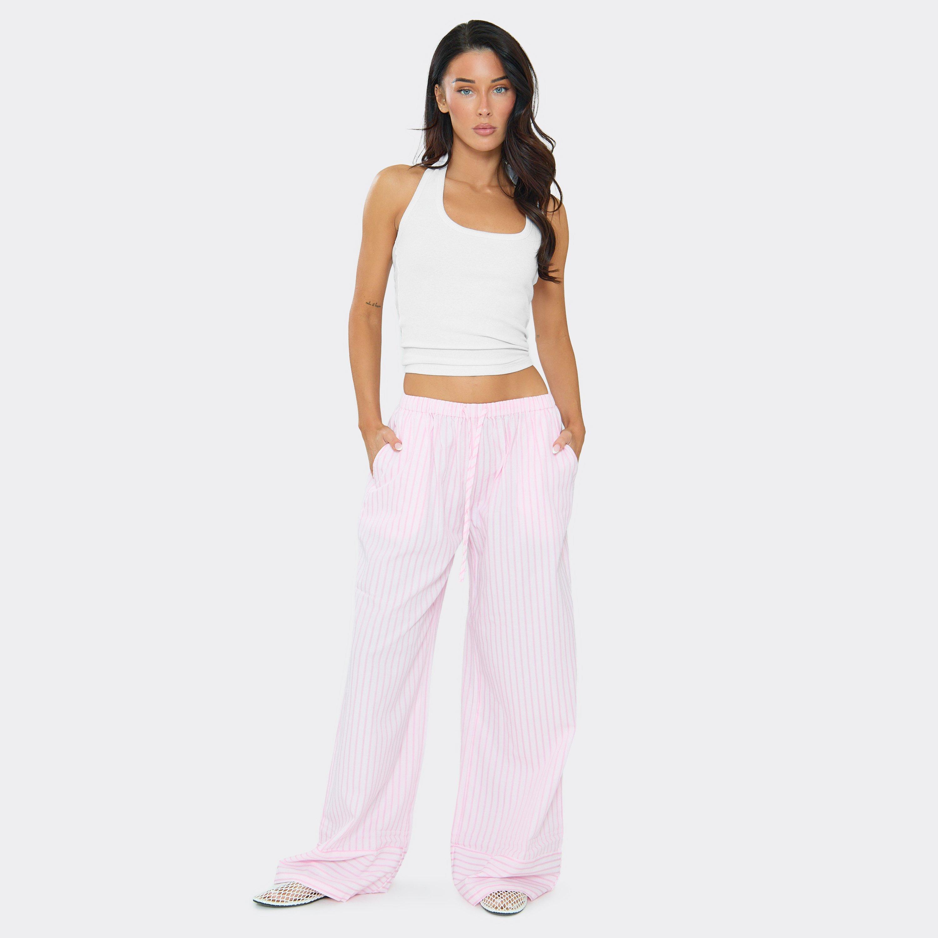 Drawstring Waist Wide Leg Poplin Trousers In Pink Stripe, Women's Size US 2
