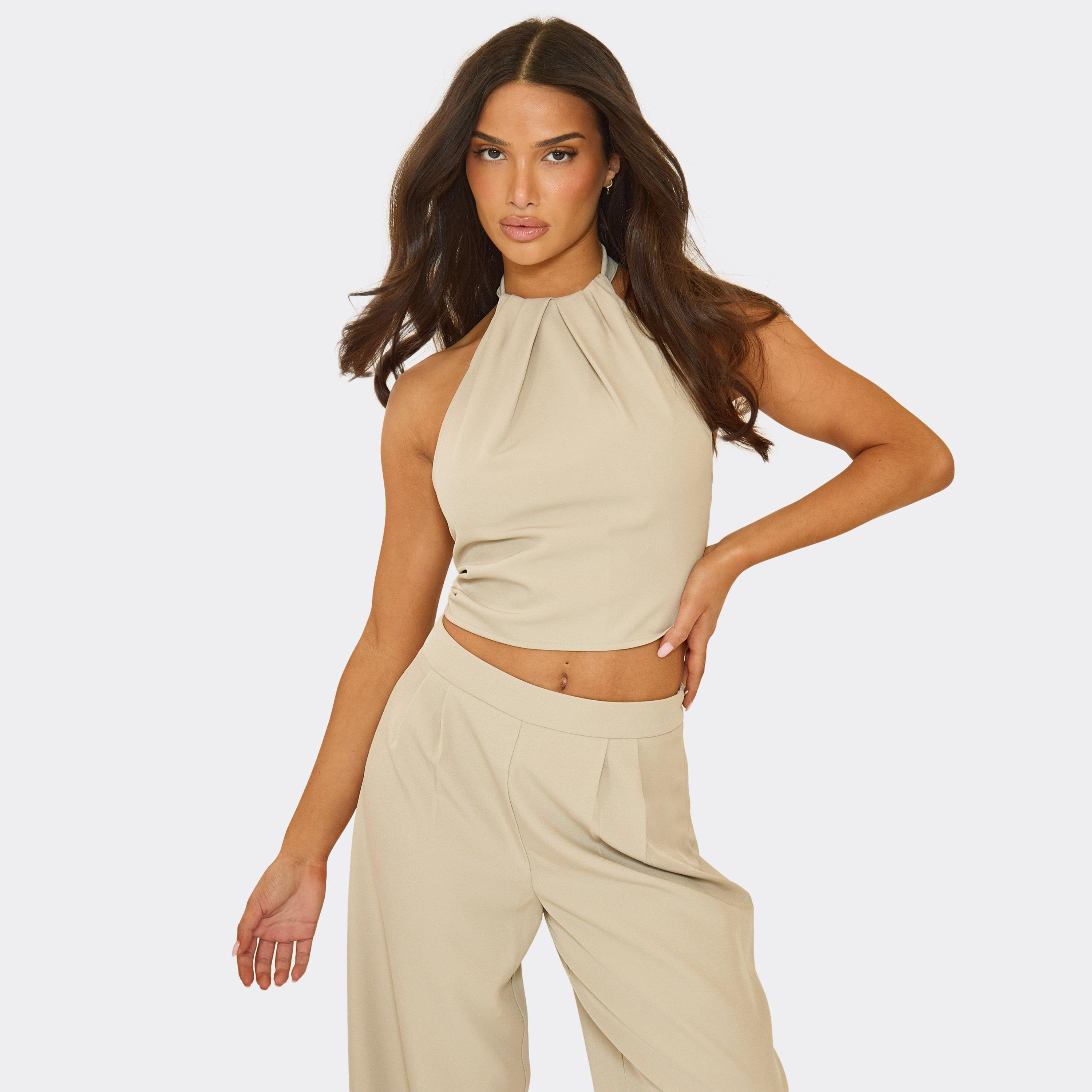 Halterneck Racer Top In Stone, Women's Size UK 4