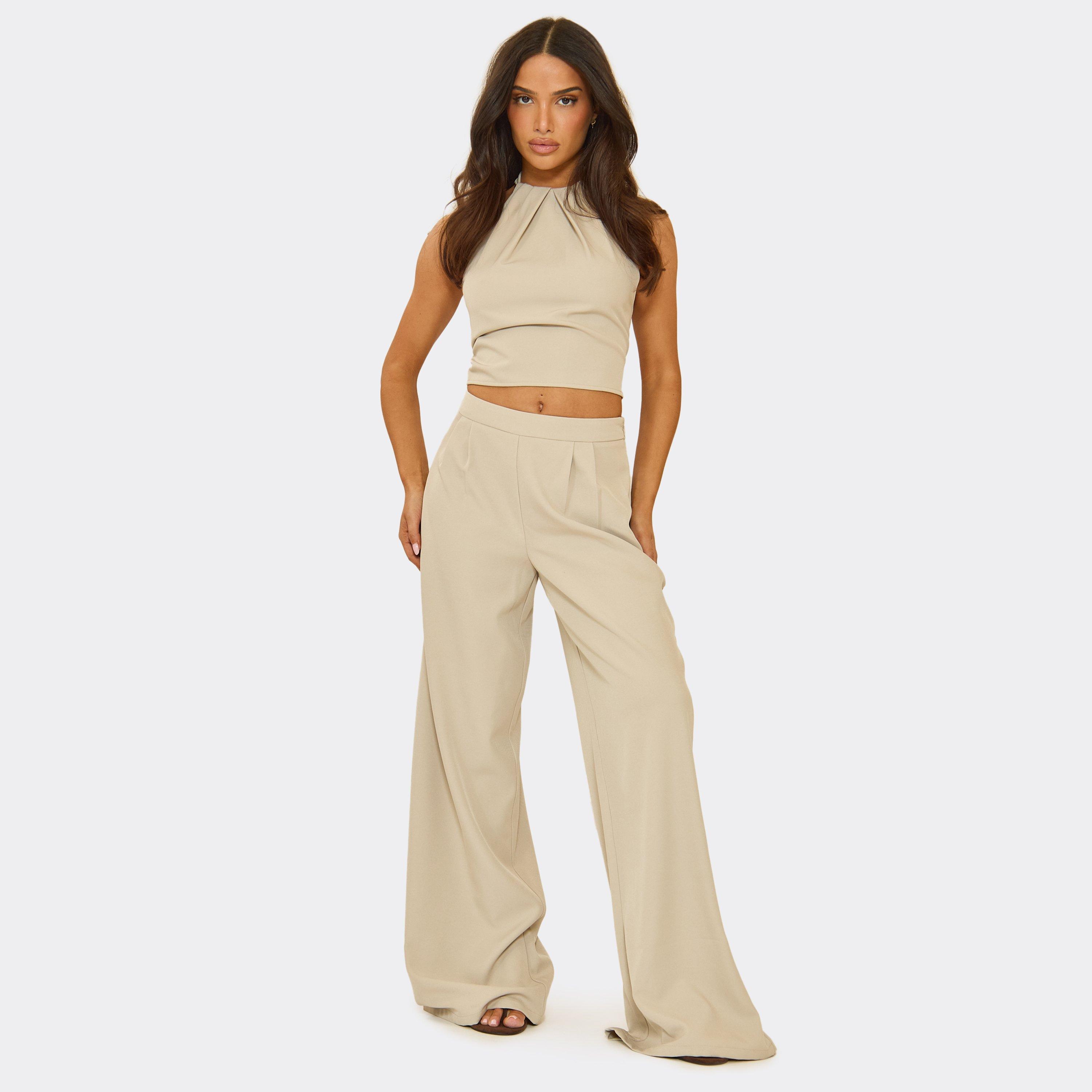 Mid Rise Wide Leg Pleated Trouser In Stone, Women’s