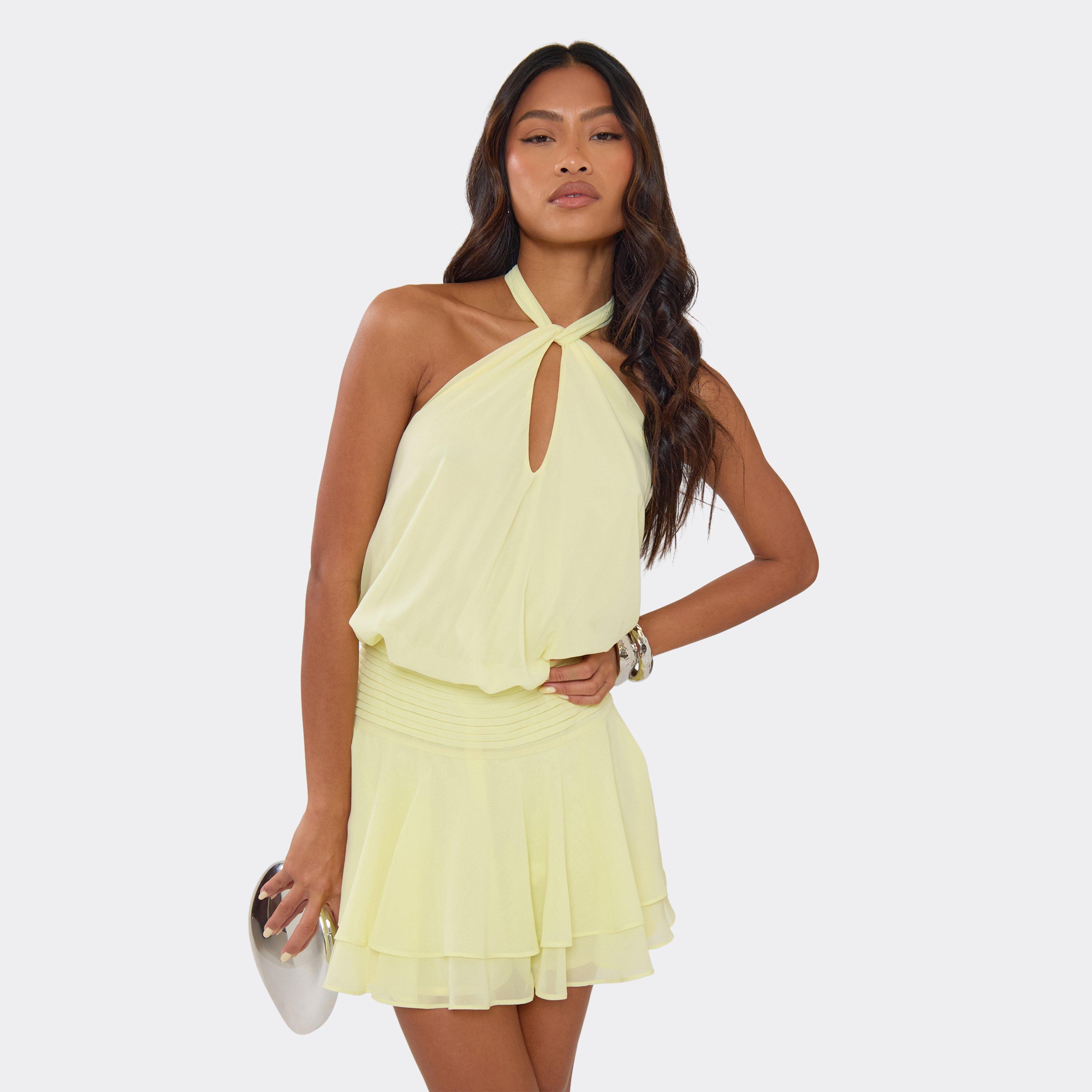 Halterneck Keyhole Cut Out Layered Frill Hem Mini Dress In Yellow, Women’s