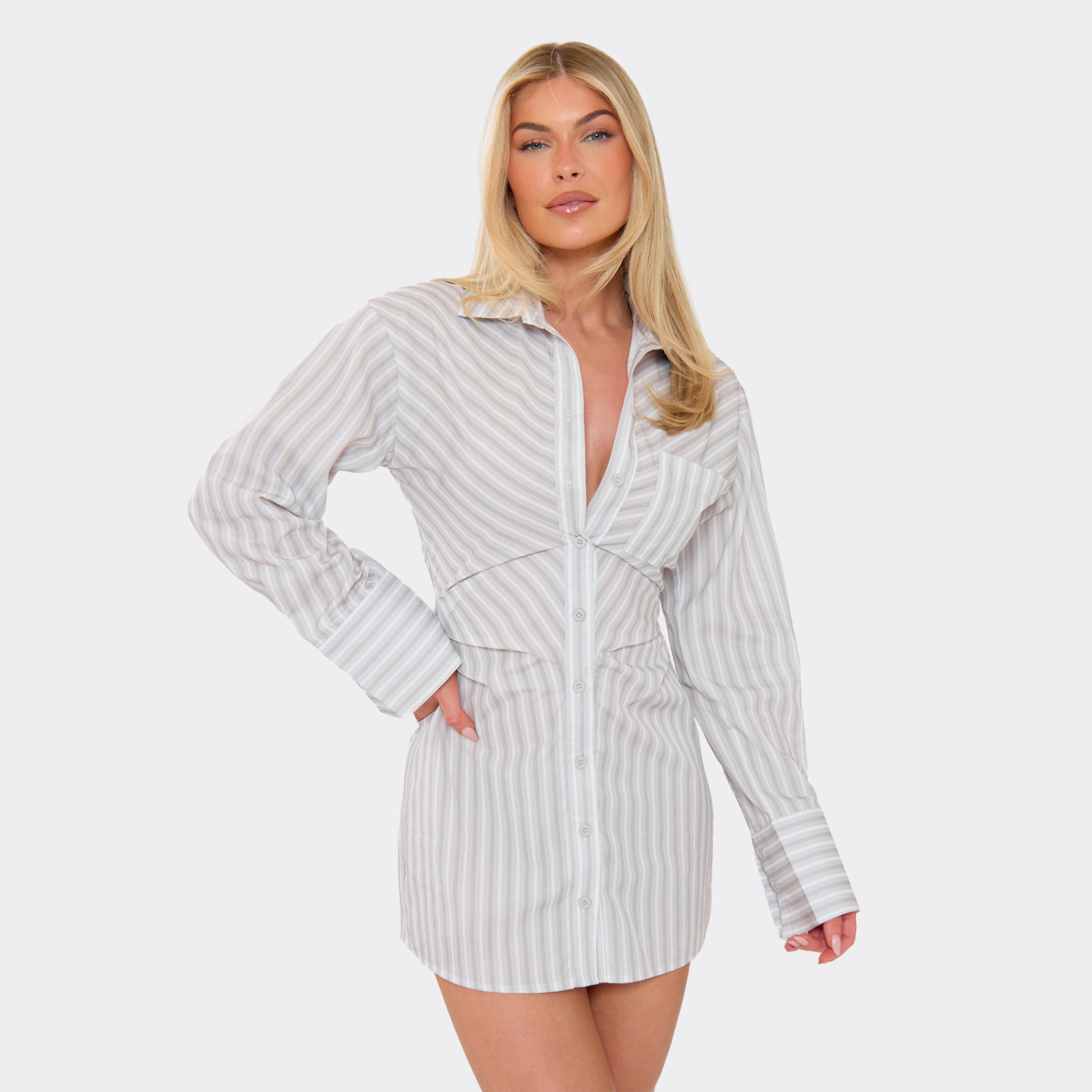 Collared Button Front Cinched Waist Detail Shirt Dress In White Stripe, Women’s