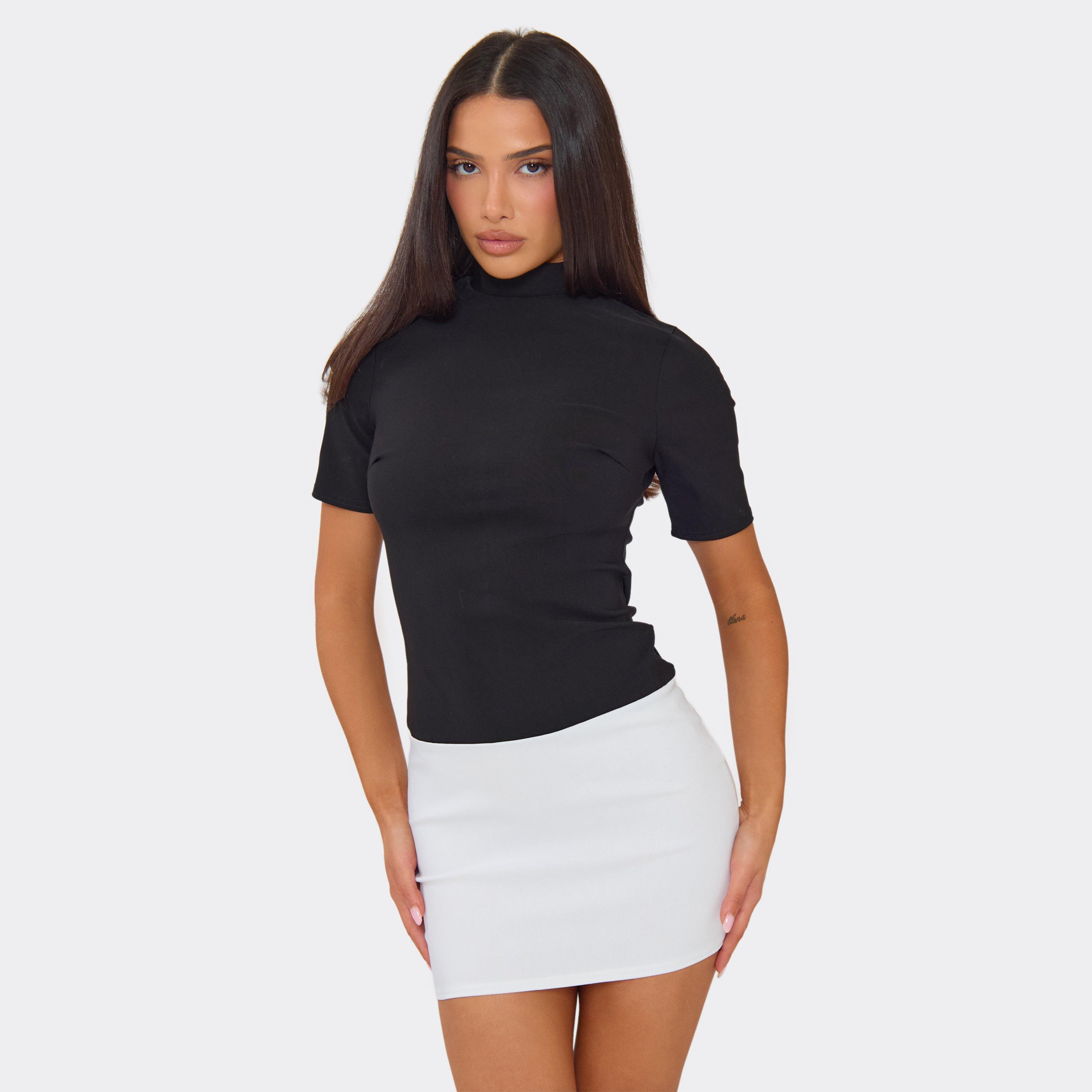 High Neck Short Sleeve Contrast Hem Mini Dress In Black, Women’s