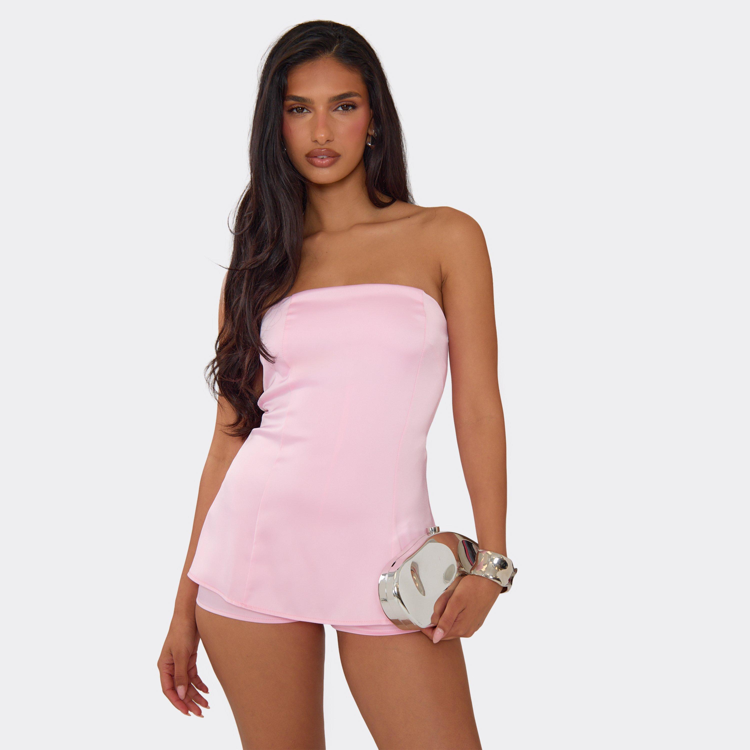 Bandeau A-Line Playsuit In Baby Pink Satin, Women's Size UK 8