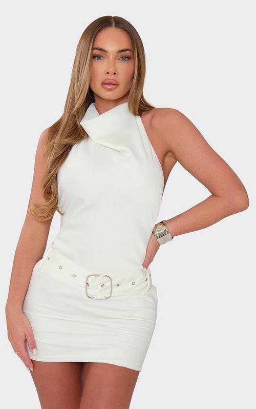 Extreme Cowl Neck Beaded Trim Mini Dress In White Lace | EGO CA | EGO