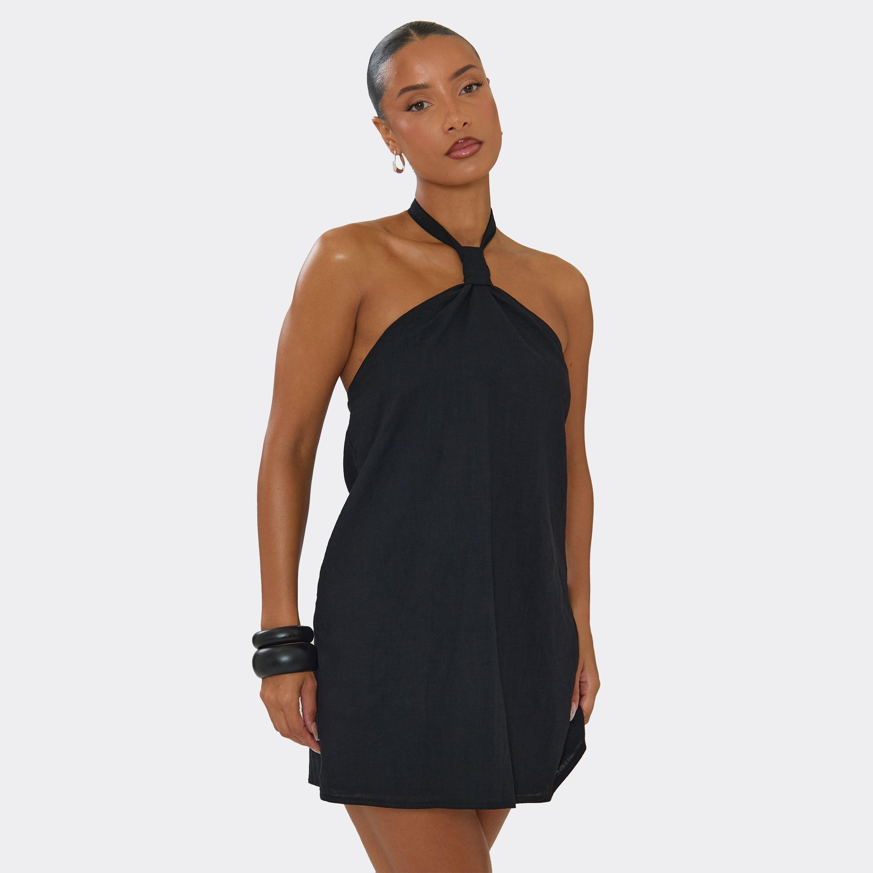 Halterneck Knot Front Mini Dress In Black Linen Look, Women’s