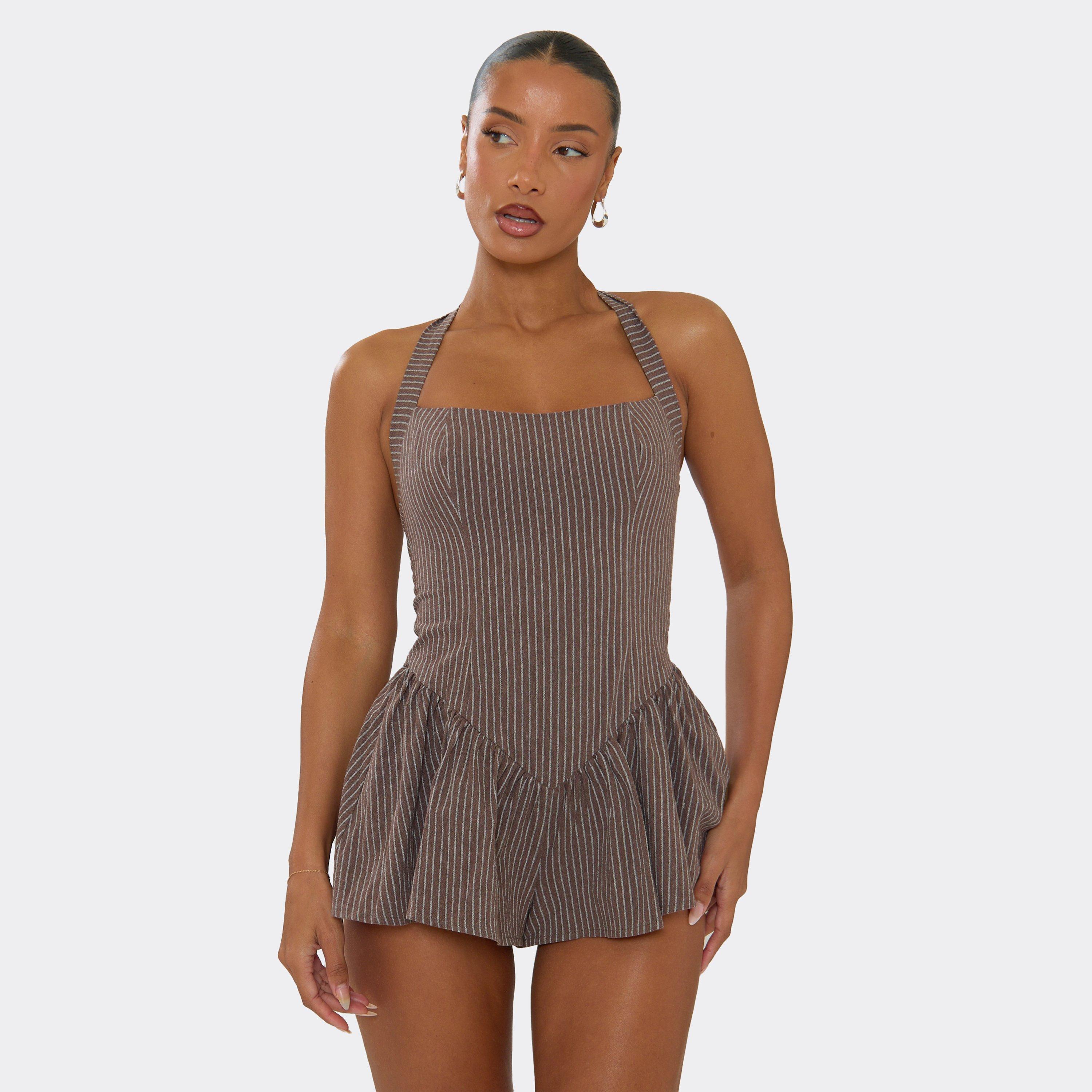 Image of Halterneck V Waist Playsuit In Brown Stripe Linen Look, Women's