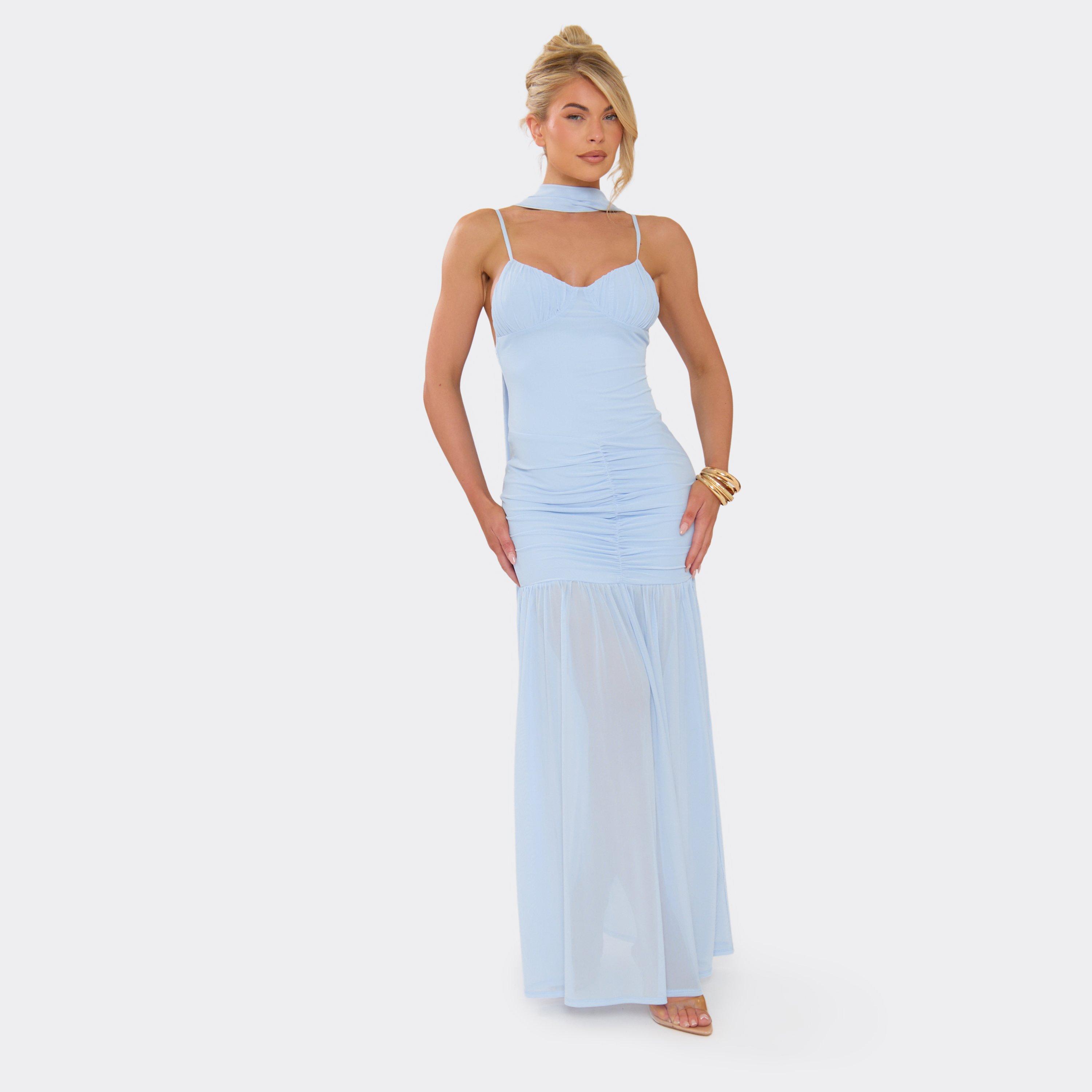 Strappy Ruched Scarf Detail Maxi Dress In Blue Mesh, Women’s