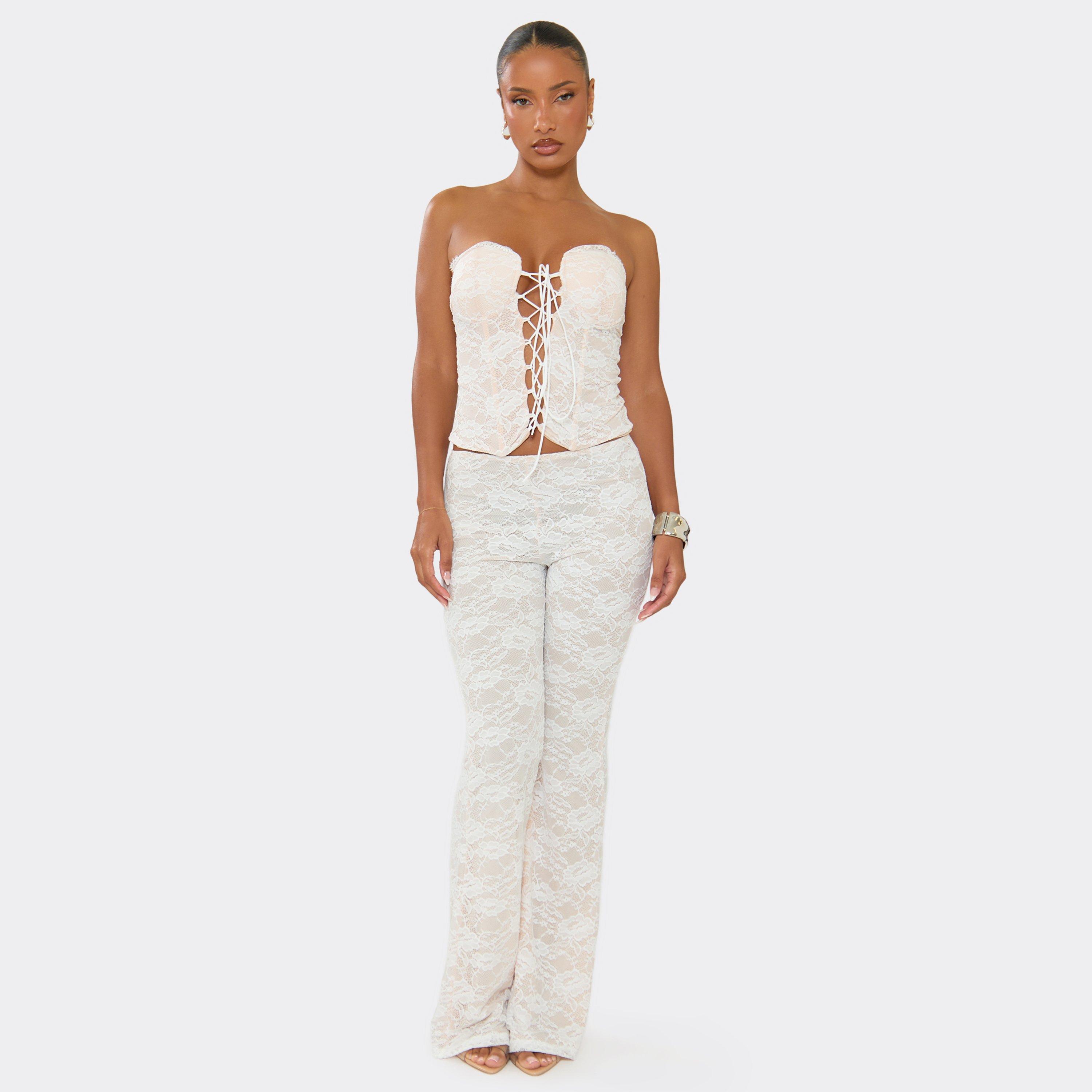 Mid Rise Flared Trousers In White Lace, Women's Size UK 6