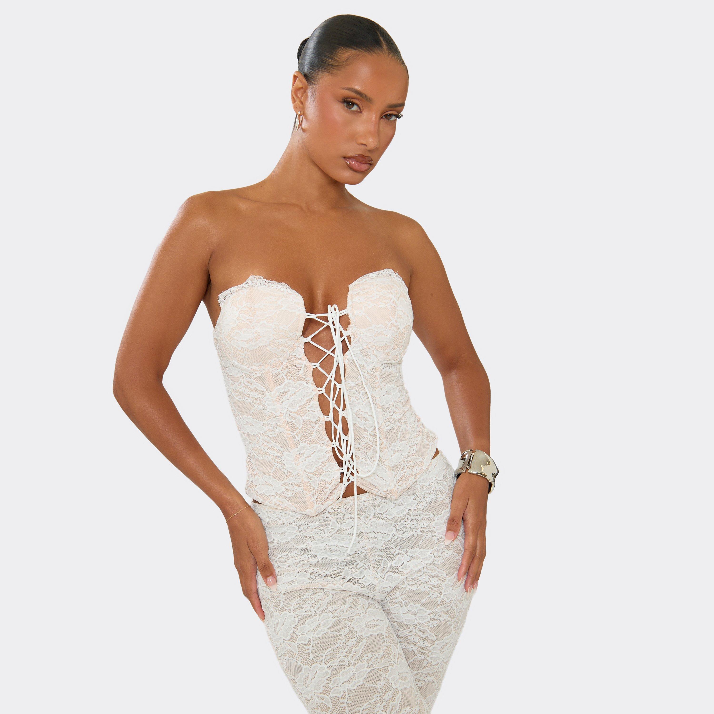 Bandeau Lace Up Front Corset Top In White Lace, Women's Size UK 14