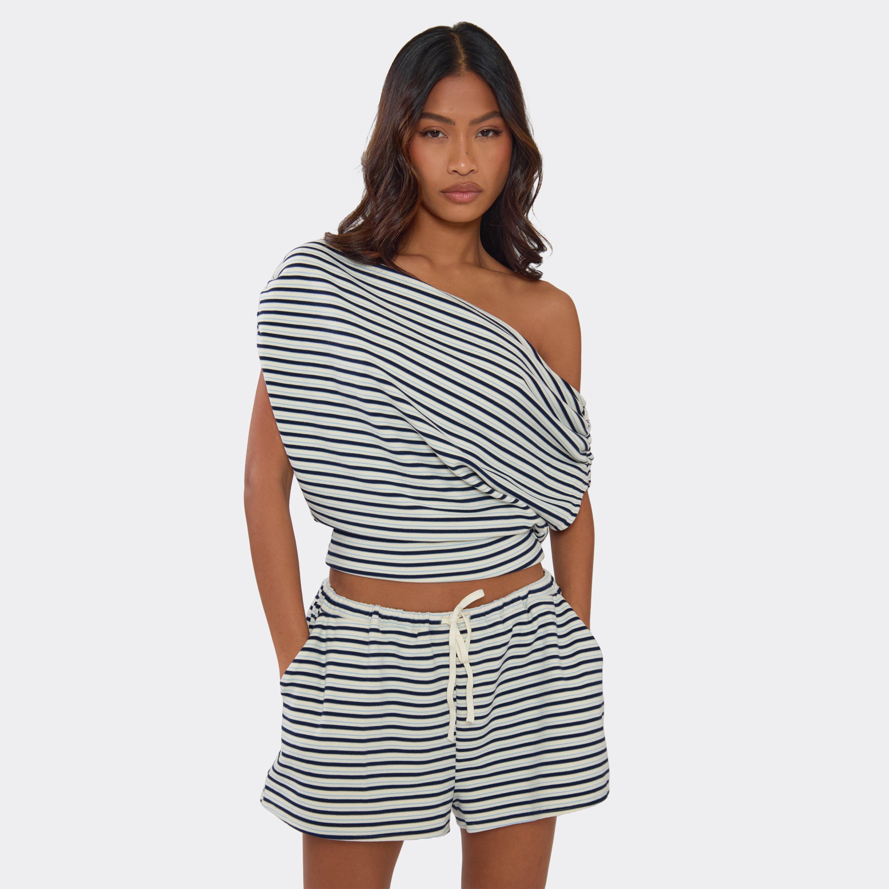 Image of Asymmetric Short Sleeve Off The Shoulder Cinched Waist Top In Blue Stripe Soft Fleece, Women's
