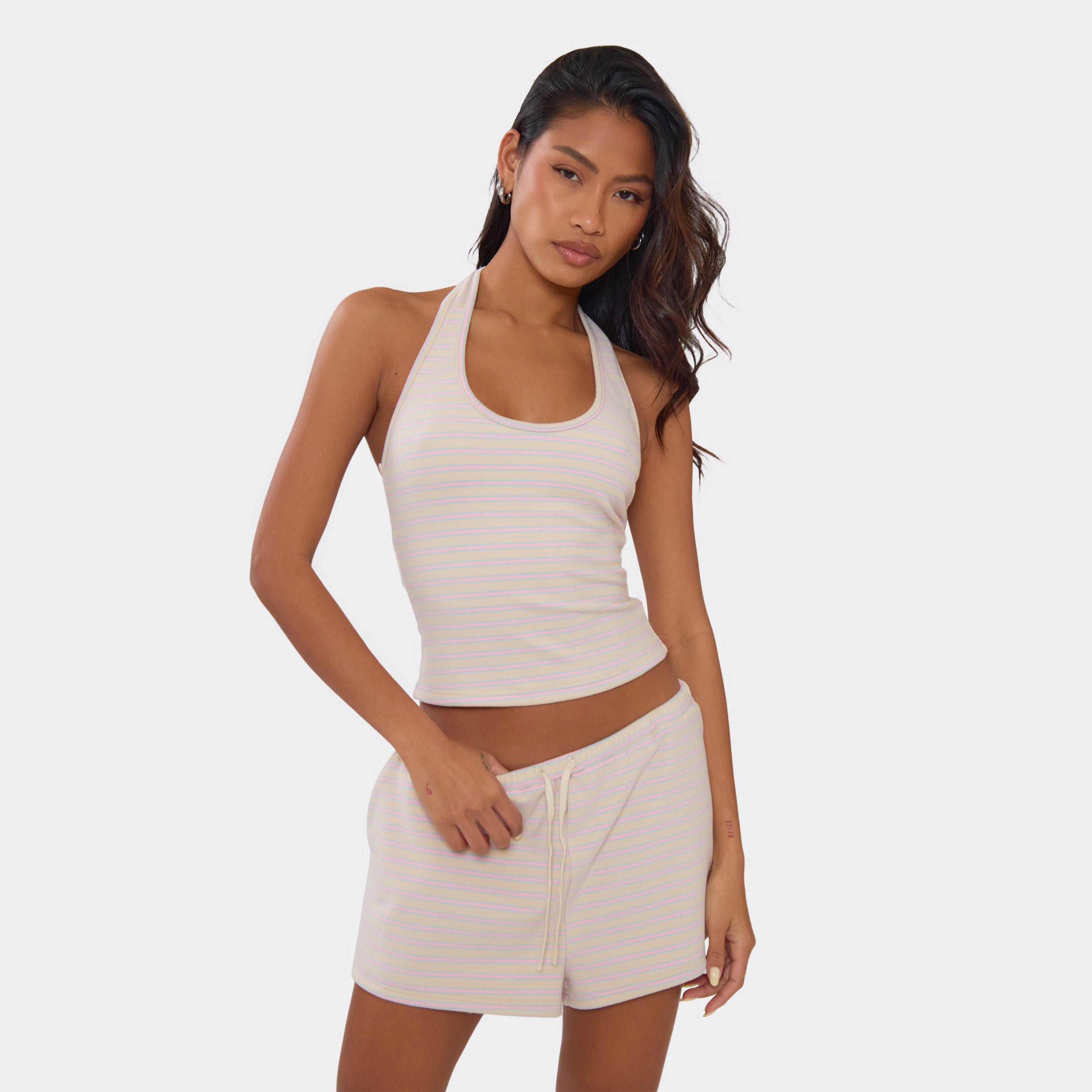 Image of Halterneck Scoop Fitted Top In Pink Stripe Soft Fleece, Women's