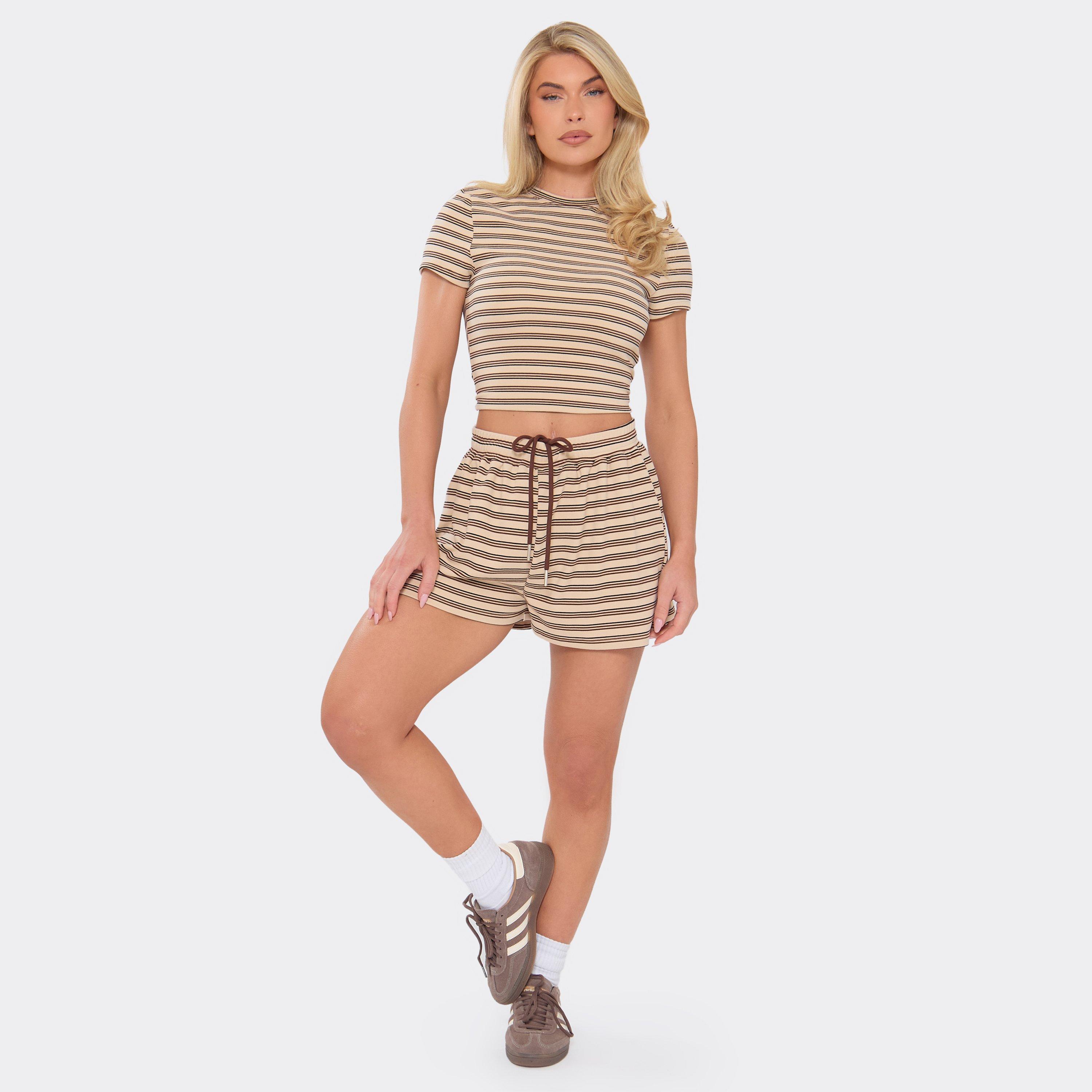 Mid Rise Drawstring Waist Shorts In Cream Stripe Soft Fleece, Women's Size UK 6