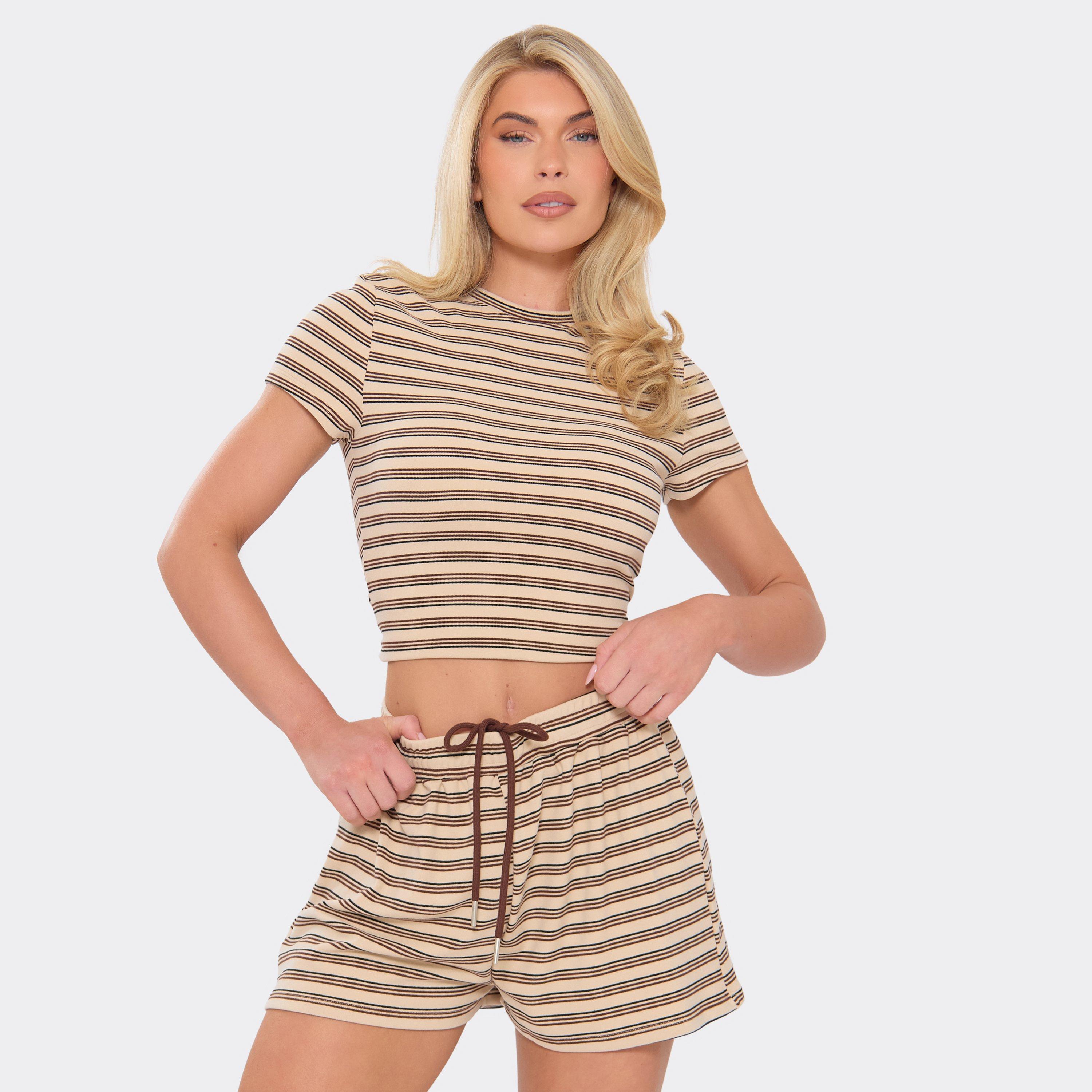 Image of Short Sleeve Top In Cream Stripe Soft Fleece, Women's