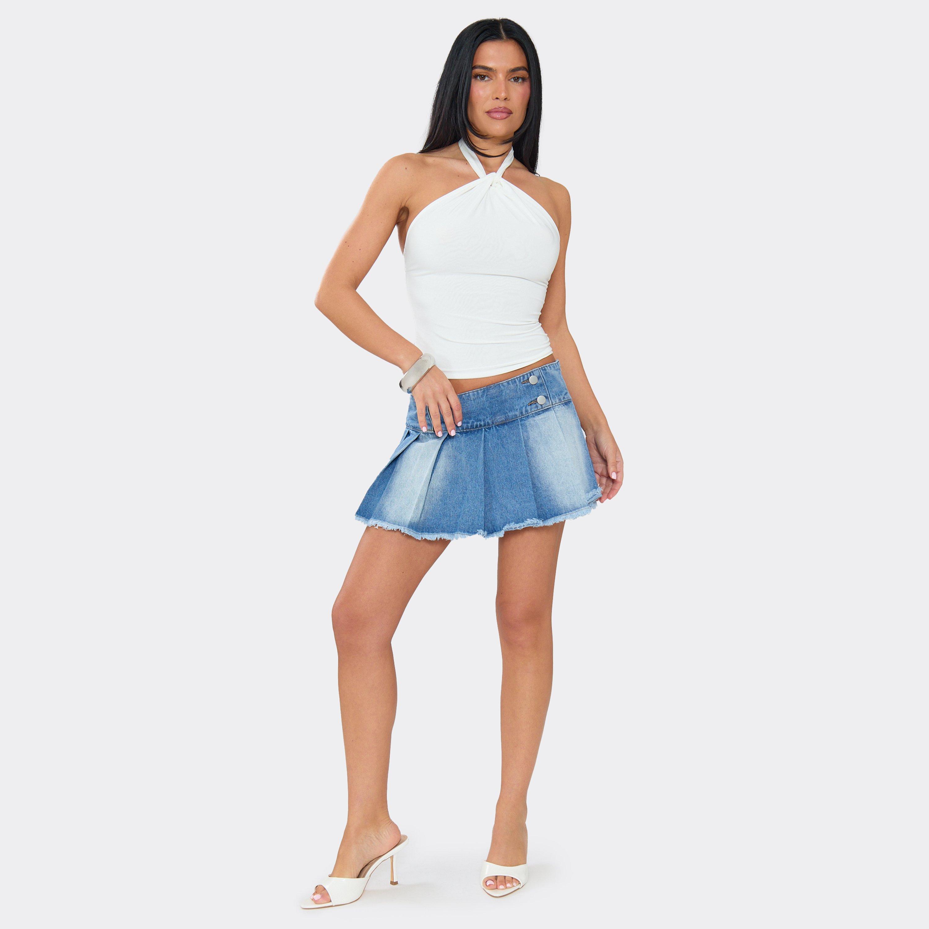 Extreme Low Rise Frayed Hem Pleated Mini Skort In Blue Denim, Women's Size UK 14
